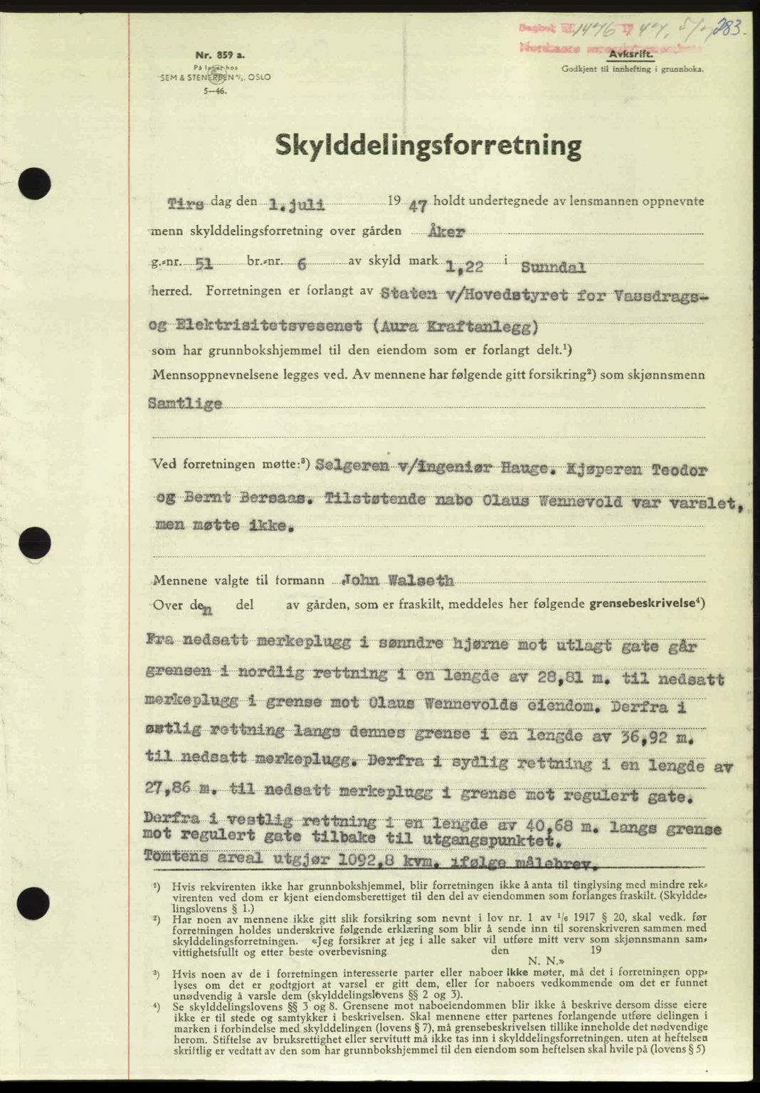 Nordmøre sorenskriveri, AV/SAT-A-4132/1/2/2Ca: Mortgage book no. A105, 1947-1947, Diary no: : 1476/1947