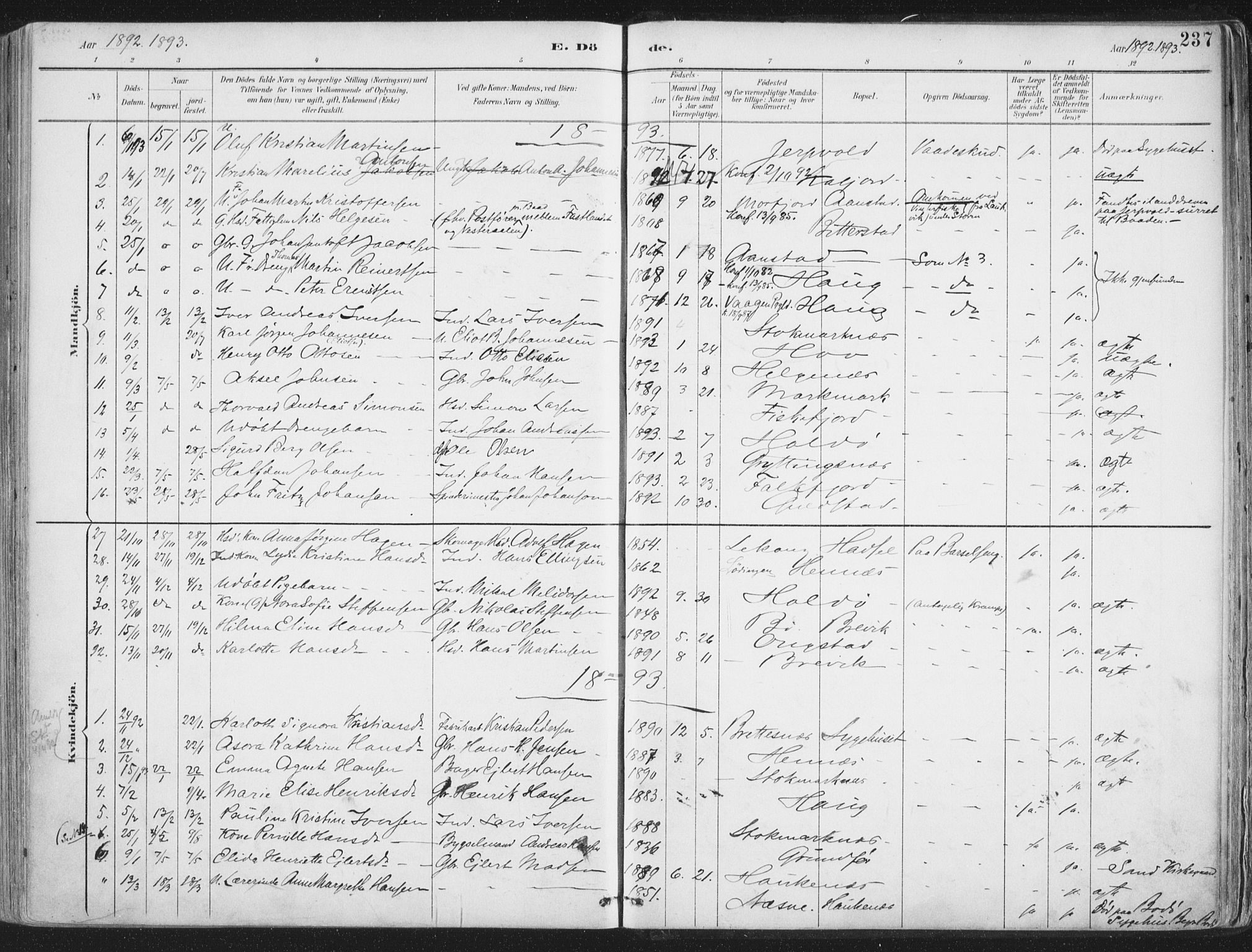 Ministerialprotokoller, klokkerbøker og fødselsregistre - Nordland, SAT/A-1459/888/L1246: Parish register (official) no. 888A12, 1891-1903, p. 237