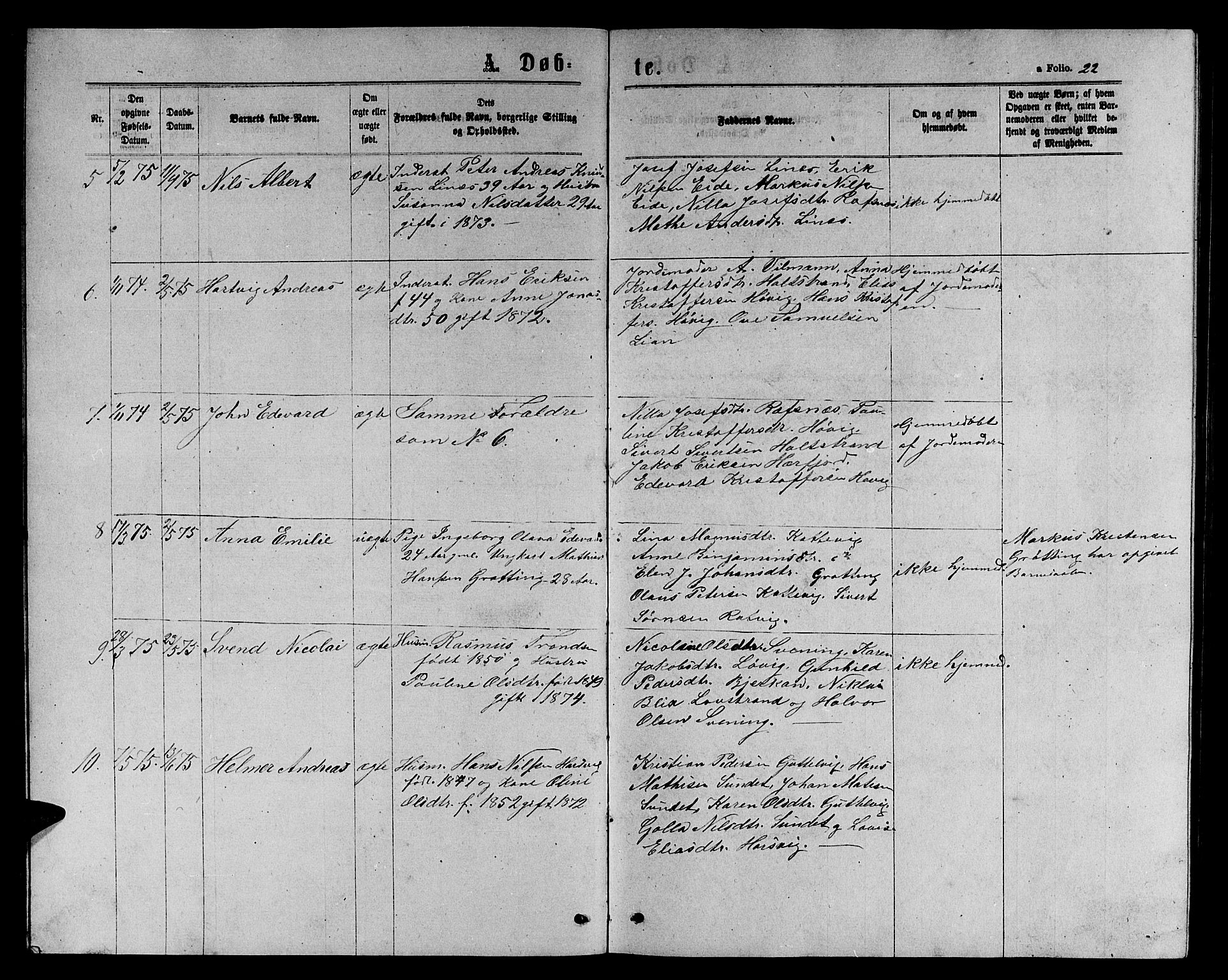 Ministerialprotokoller, klokkerbøker og fødselsregistre - Sør-Trøndelag, SAT/A-1456/656/L0695: Parish register (copy) no. 656C01, 1867-1889, p. 22