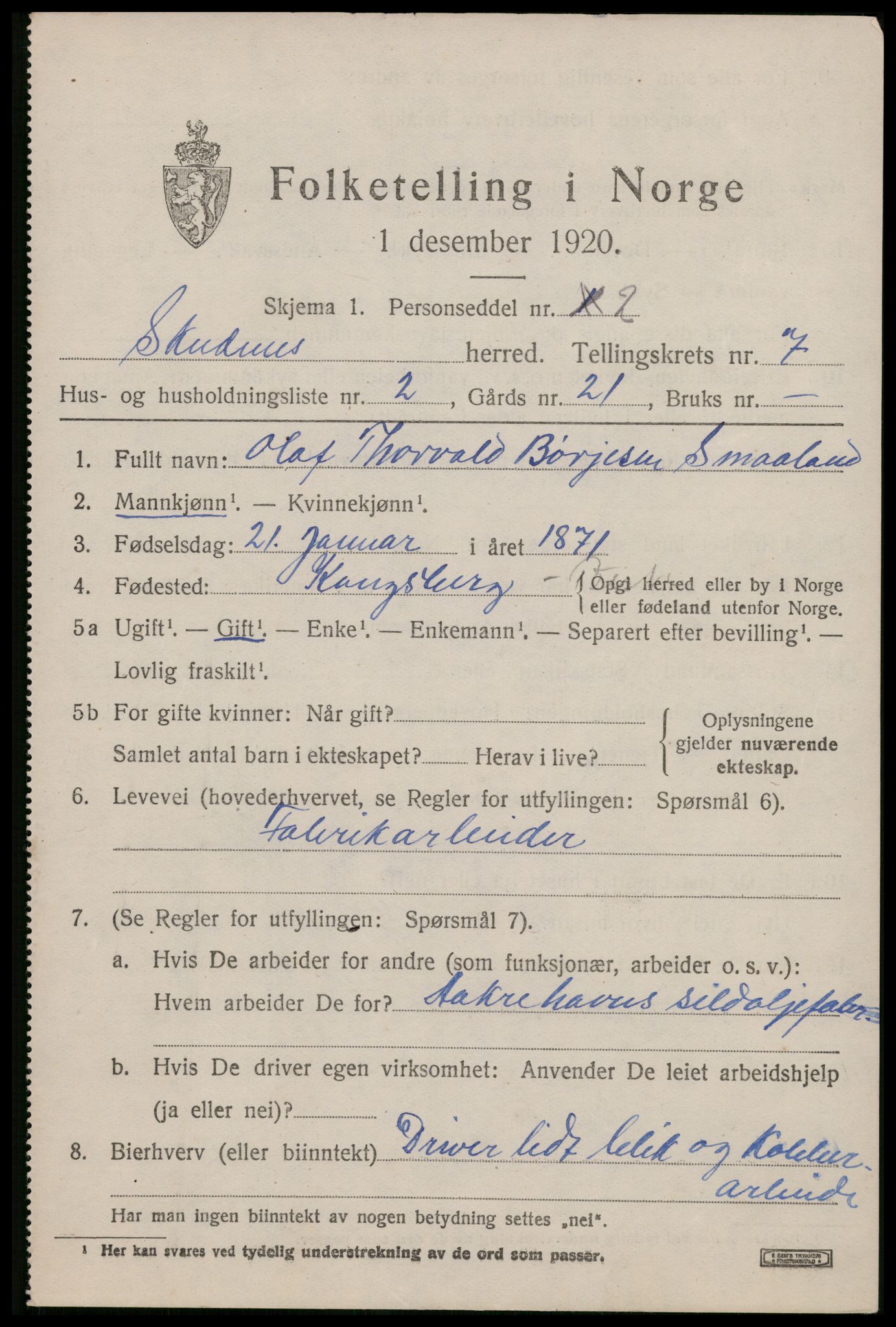 SAST, 1920 census for Skudenes, 1920, p. 5530