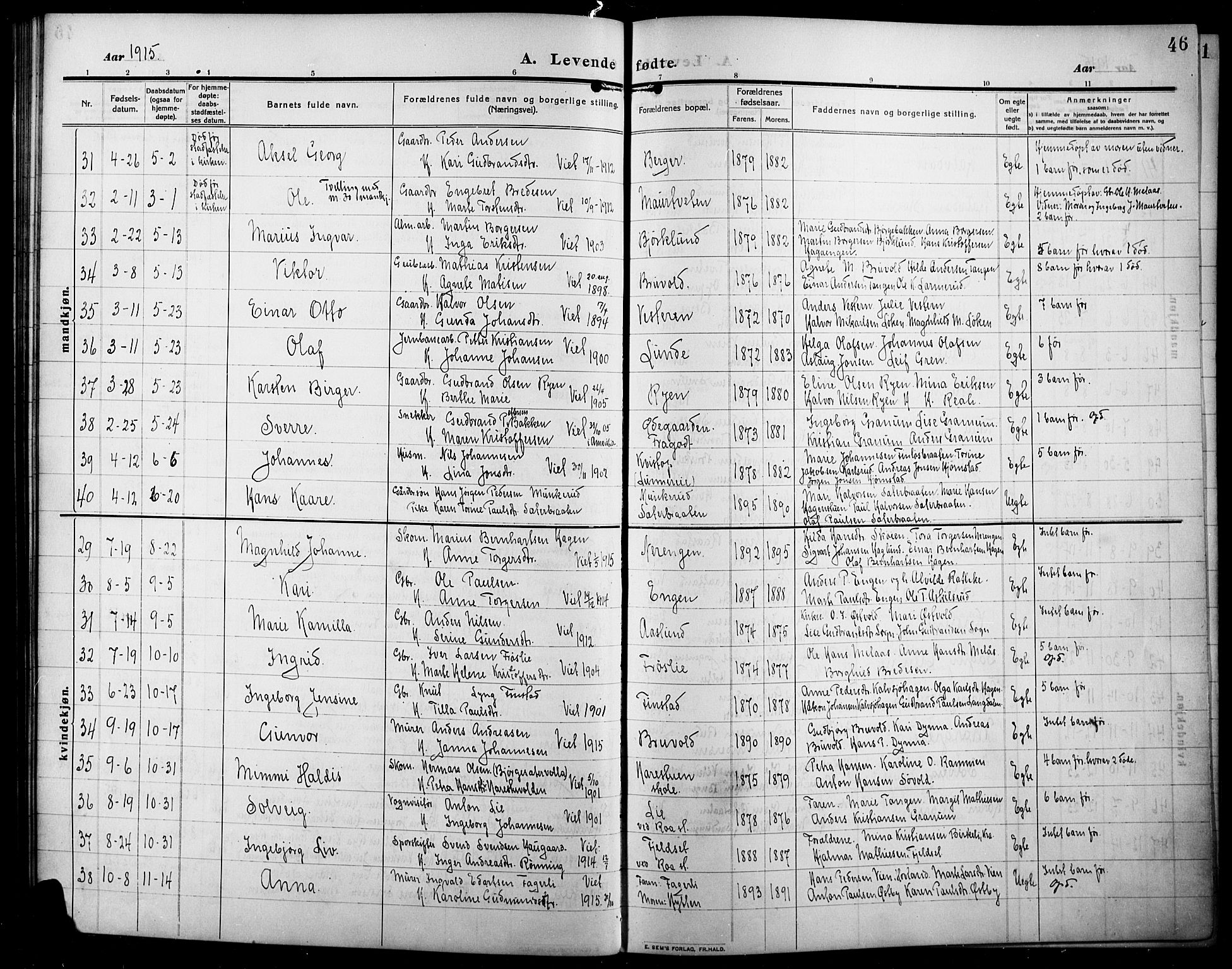 Lunner prestekontor, AV/SAH-PREST-118/H/Ha/Hab/L0001: Parish register (copy) no. 1, 1909-1922, p. 46