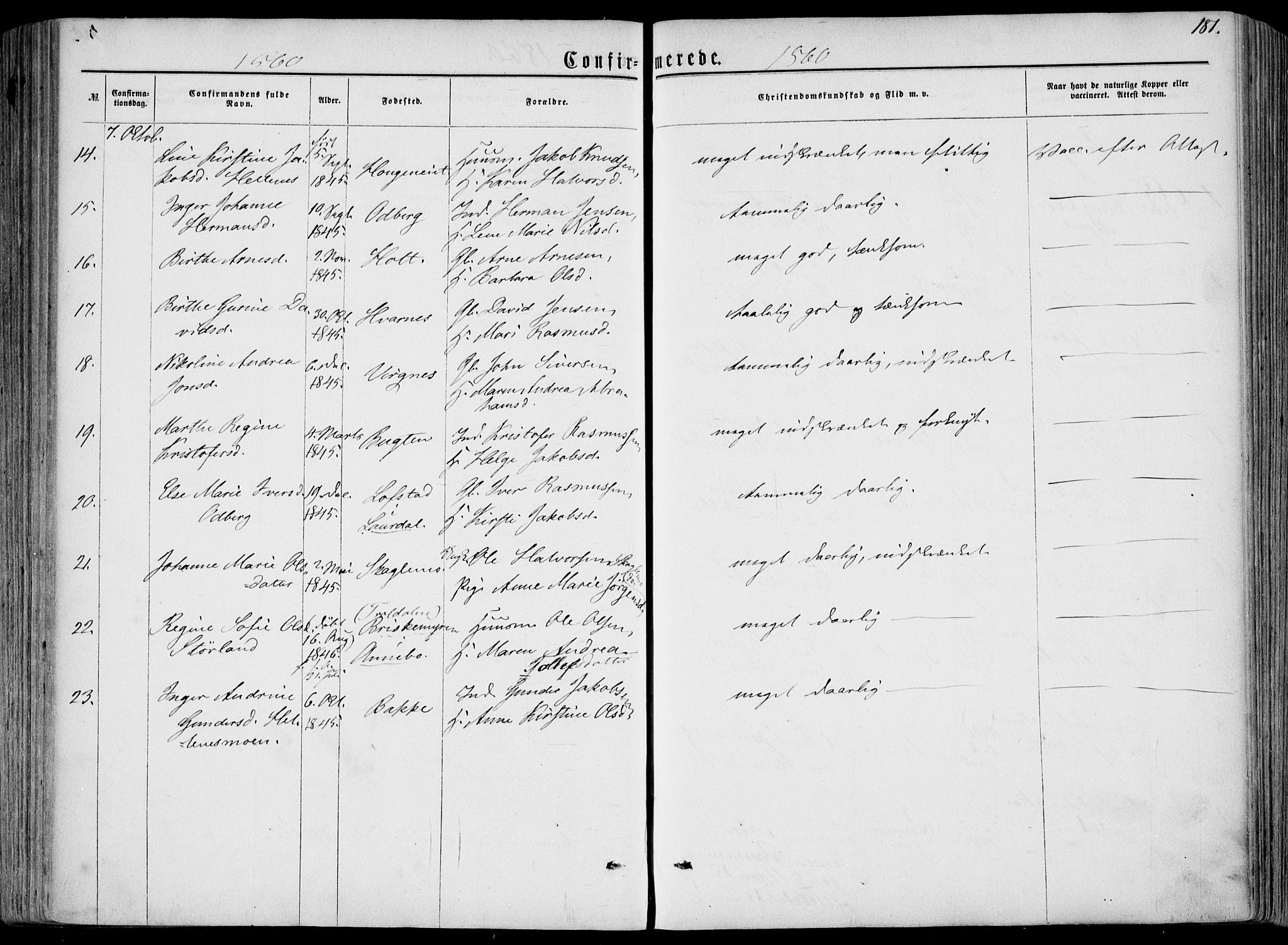 Hedrum kirkebøker, AV/SAKO-A-344/F/Fa/L0007: Parish register (official) no. I 7, 1857-1868, p. 181