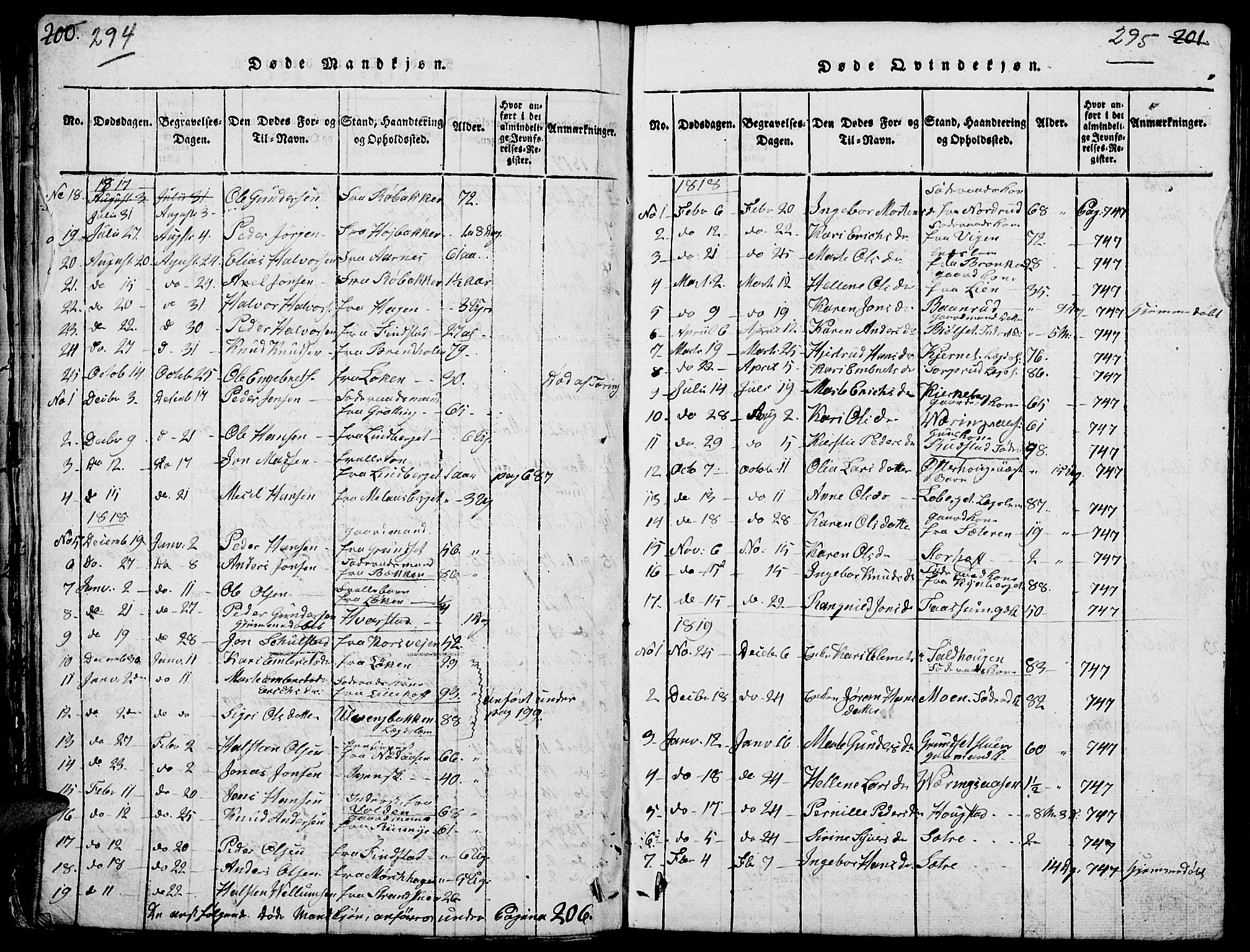 Elverum prestekontor, SAH/PREST-044/H/Ha/Hab/L0001: Parish register (copy) no. 1, 1815-1829, p. 294-295