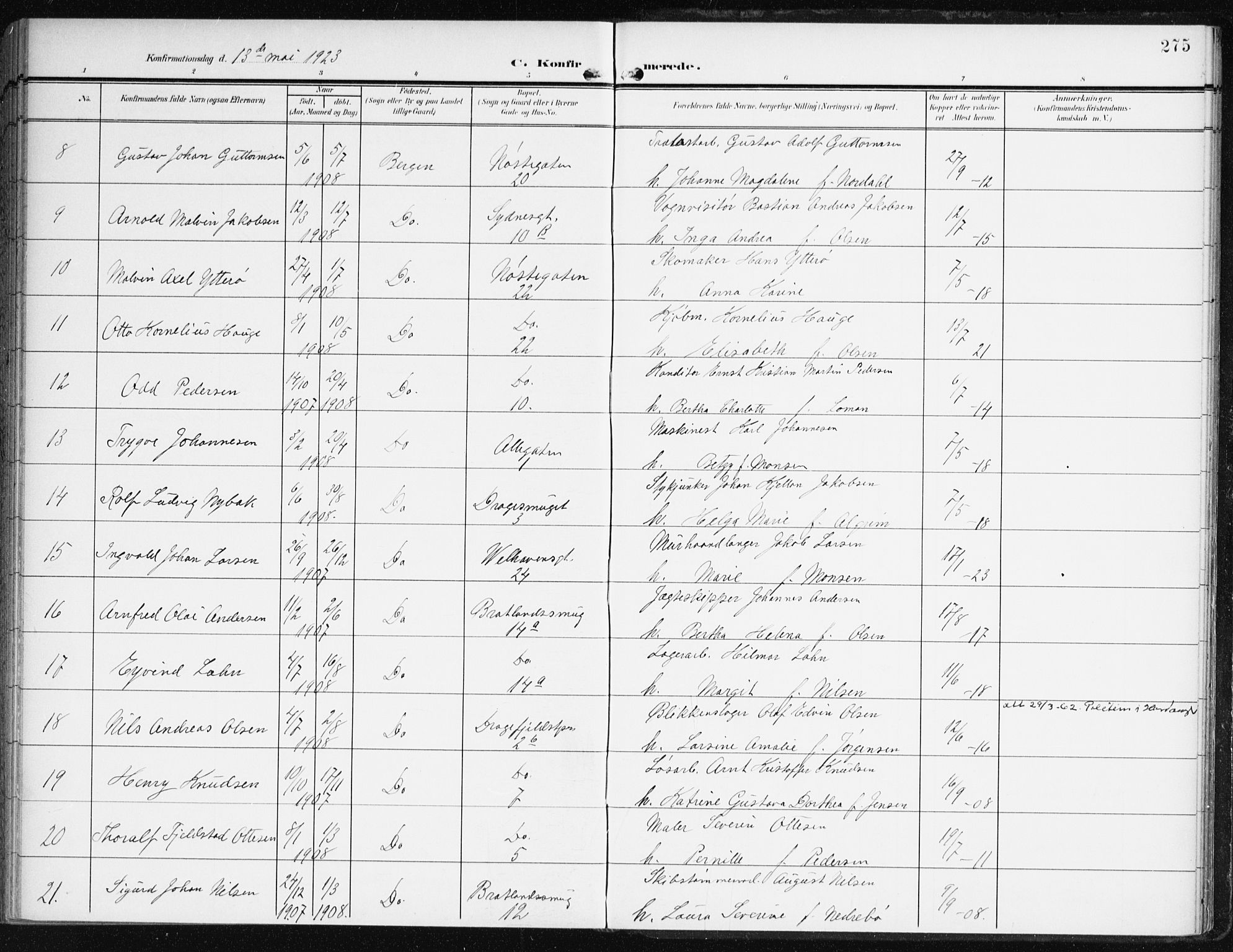 Johanneskirken sokneprestembete, AV/SAB-A-76001/H/Haa/L0009: Parish register (official) no. C 2, 1907-1924, p. 275