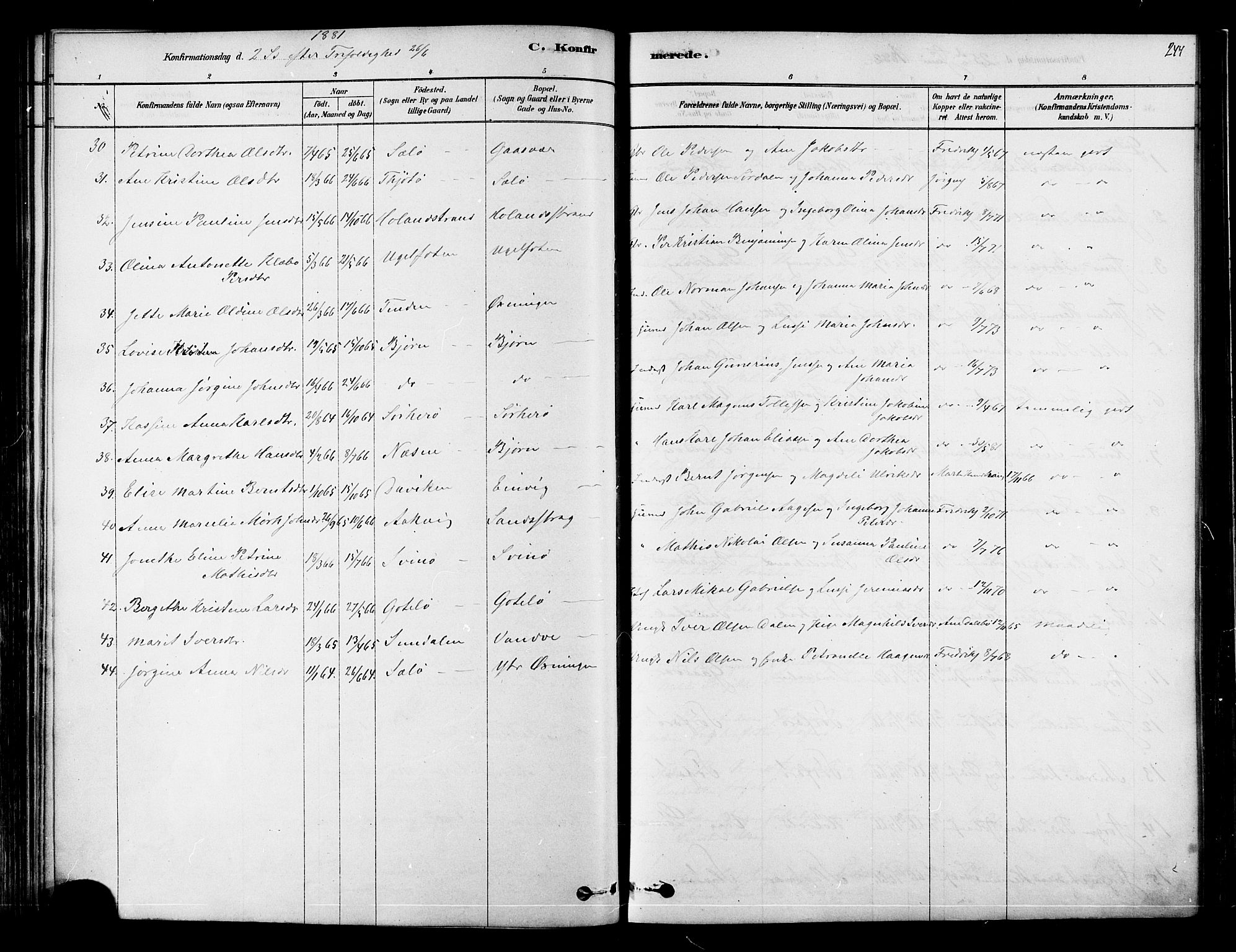 Ministerialprotokoller, klokkerbøker og fødselsregistre - Nordland, AV/SAT-A-1459/834/L0507: Parish register (official) no. 834A05, 1878-1892, p. 244