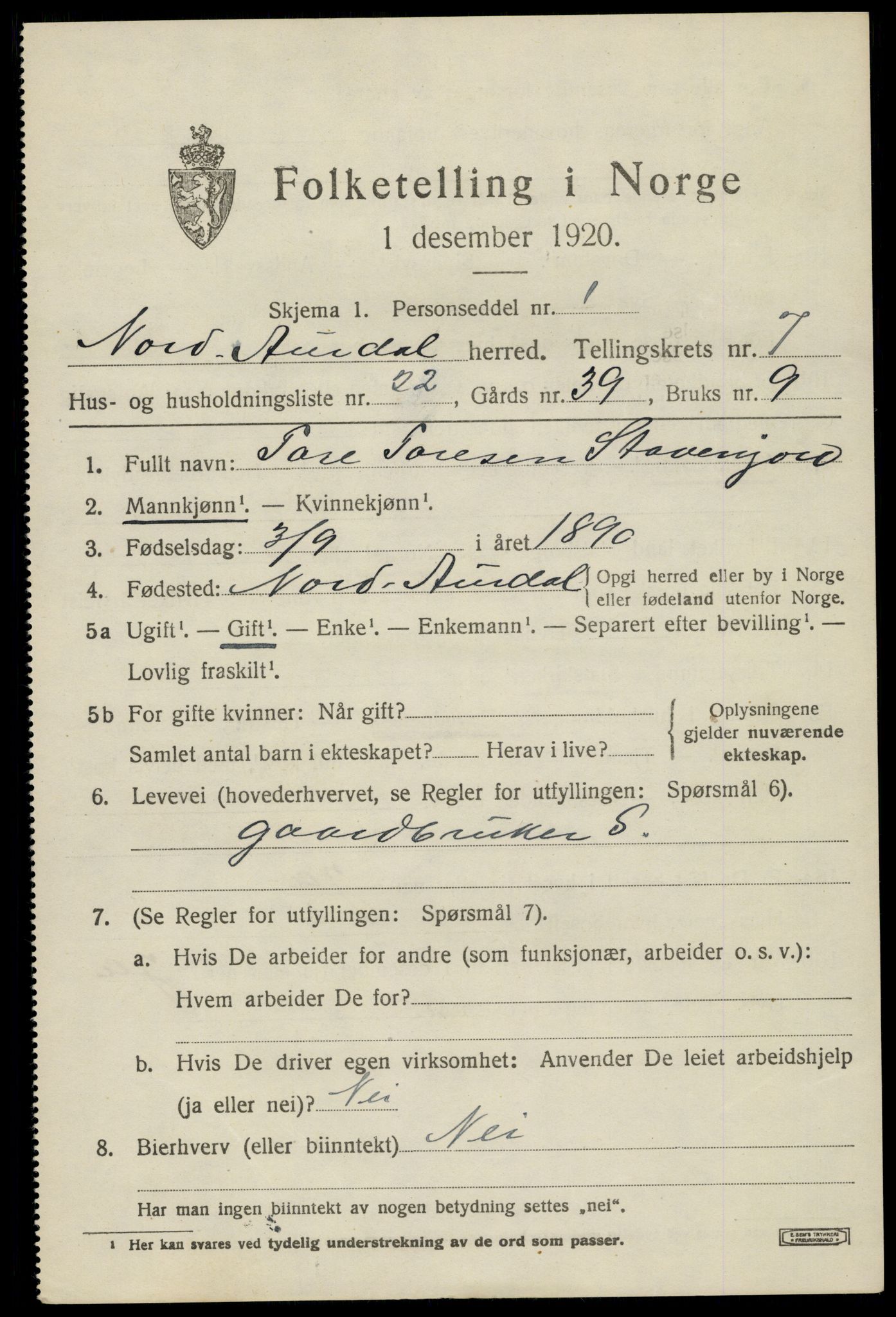 SAH, 1920 census for Nord-Aurdal, 1920, p. 6208