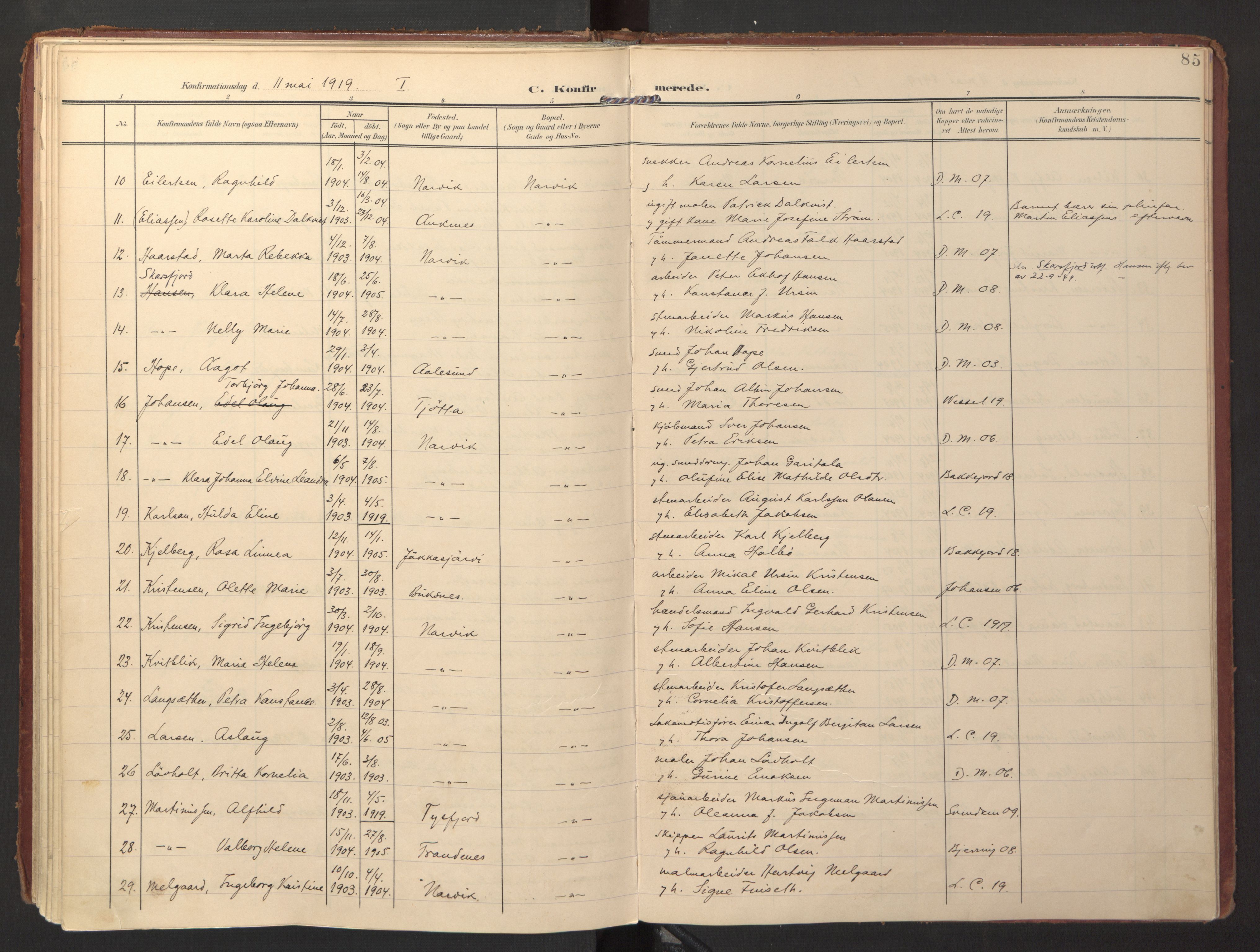 Ministerialprotokoller, klokkerbøker og fødselsregistre - Nordland, AV/SAT-A-1459/871/L0998: Parish register (official) no. 871A14, 1902-1921, p. 85