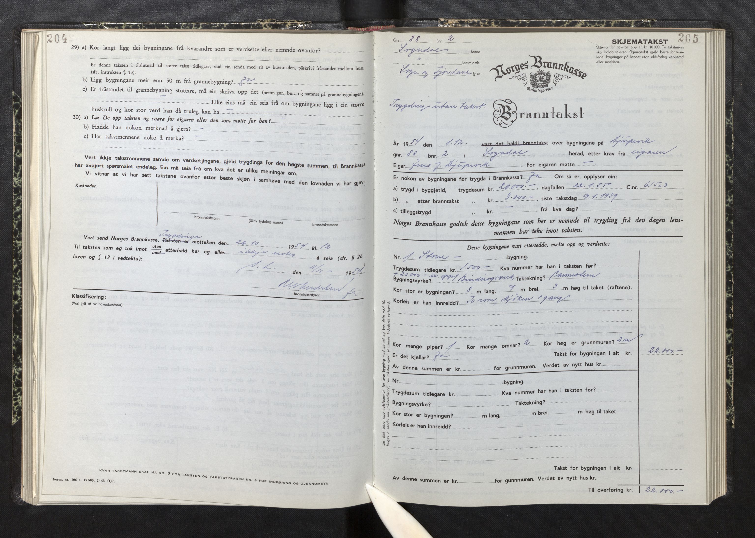 Lensmannen i Sogndal, AV/SAB-A-29901/0012/L0015: Branntakstprotokoll, skjematakst, 1950-1955, p. 204-205