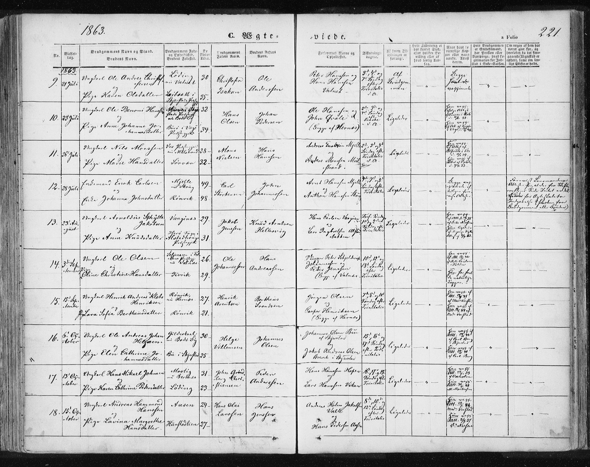 Ministerialprotokoller, klokkerbøker og fødselsregistre - Nordland, AV/SAT-A-1459/801/L0007: Parish register (official) no. 801A07, 1845-1863, p. 221