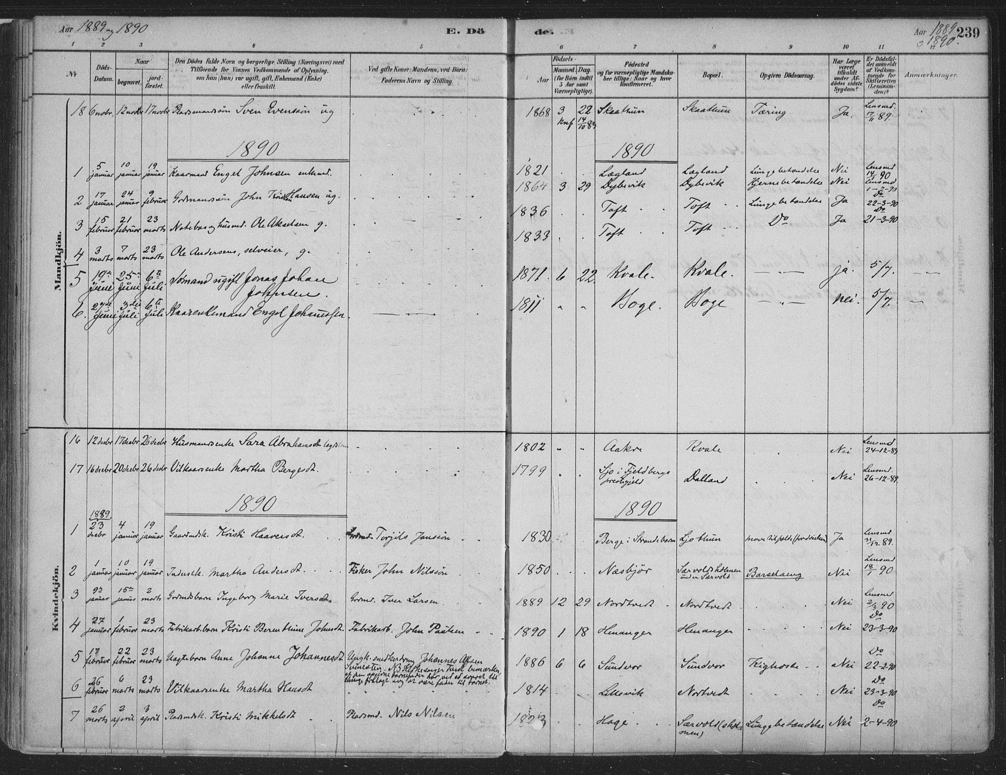 Fusa sokneprestembete, SAB/A-75401/H/Haa: Parish register (official) no. D 1, 1880-1938, p. 239
