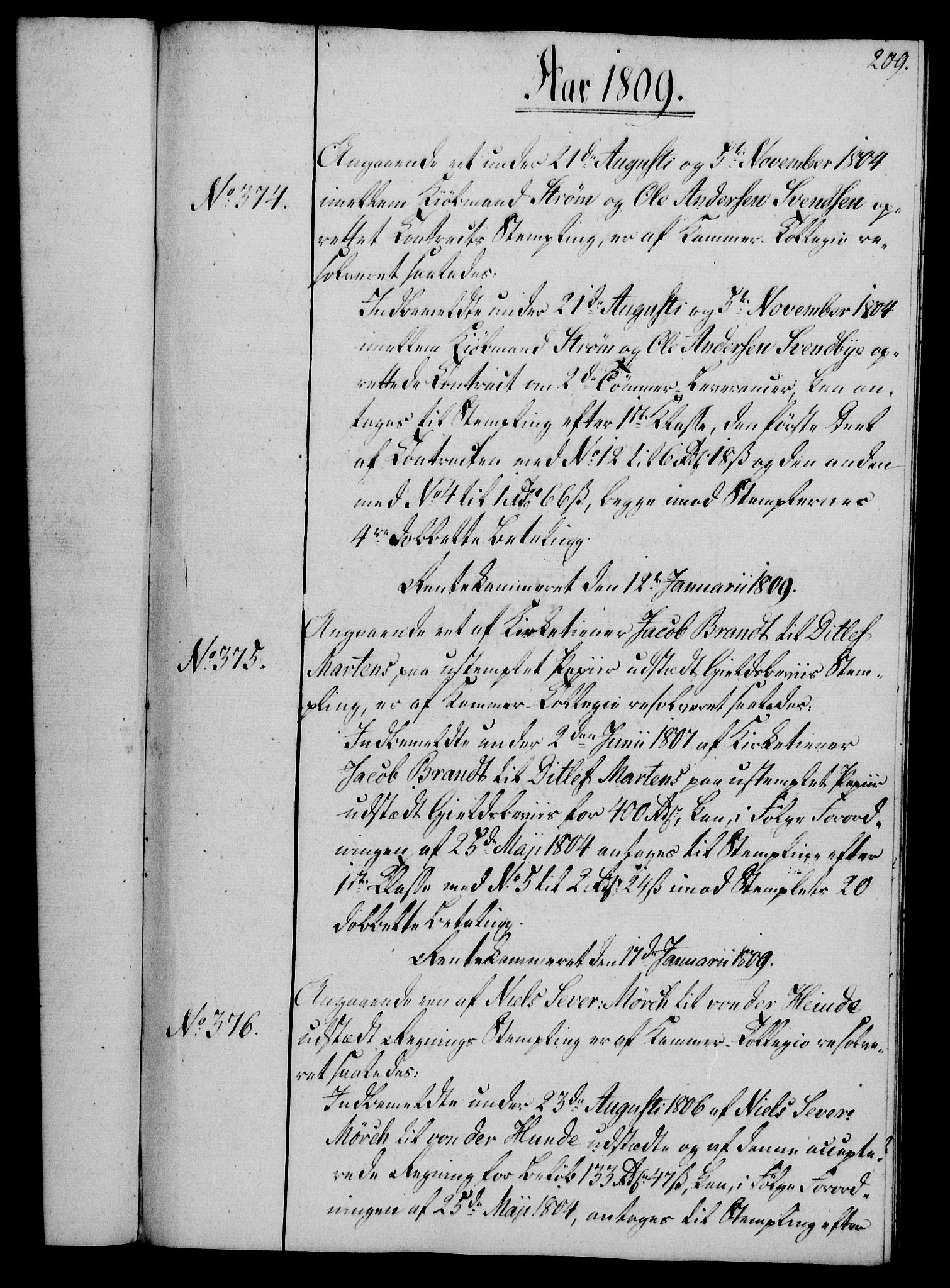 Rentekammeret, Kammerkanselliet, RA/EA-3111/G/Gg/Gga/L0019: Norsk ekspedisjonsprotokoll med register (merket RK 53.19), 1807-1810, p. 209