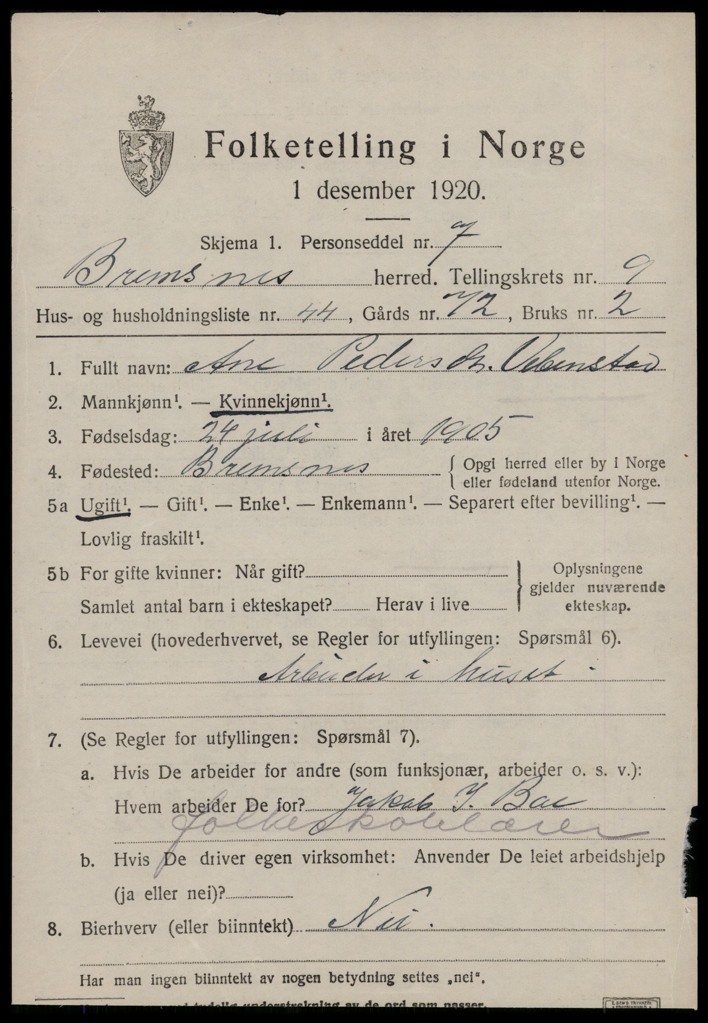 SAT, 1920 census for Bremsnes, 1920, p. 8459