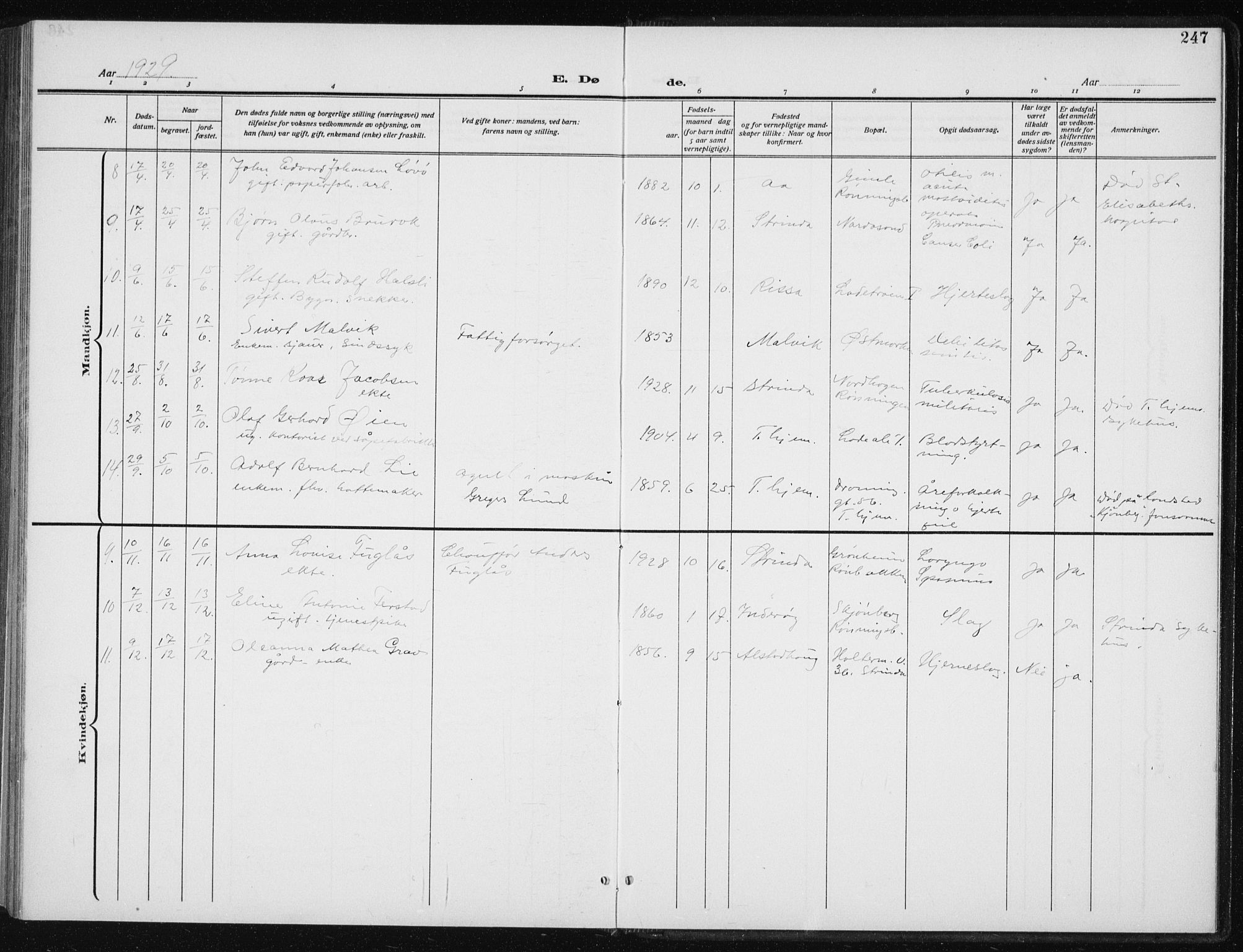 Ministerialprotokoller, klokkerbøker og fødselsregistre - Sør-Trøndelag, SAT/A-1456/606/L0314: Parish register (copy) no. 606C10, 1911-1937, p. 247