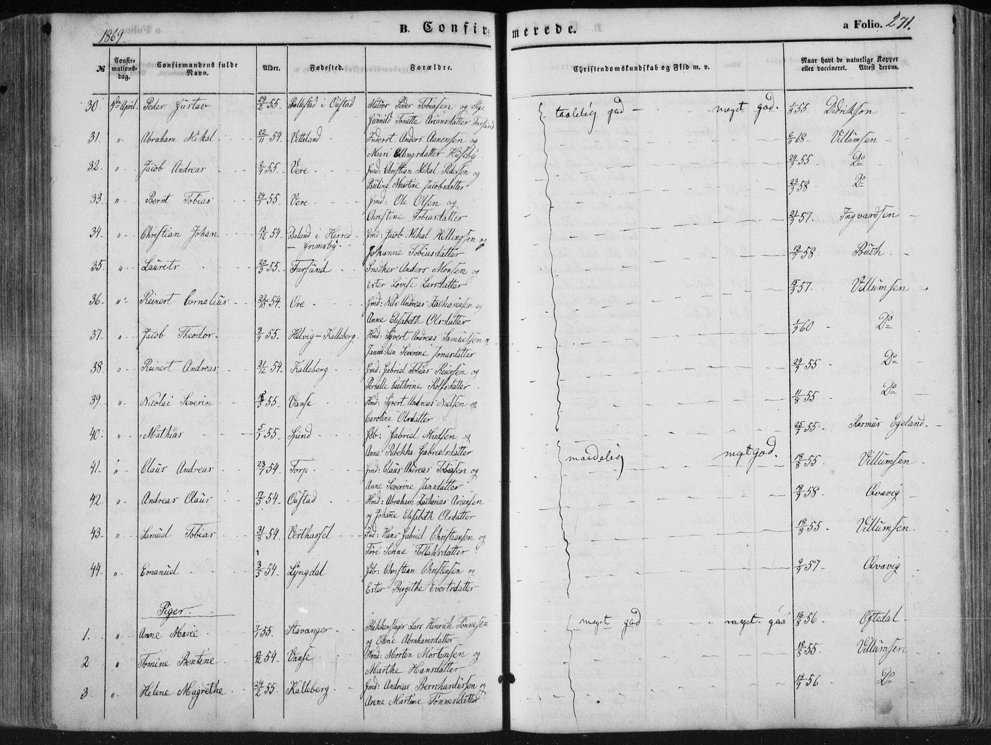 Lista sokneprestkontor, AV/SAK-1111-0027/F/Fa/L0011: Parish register (official) no. A 11, 1861-1878, p. 271