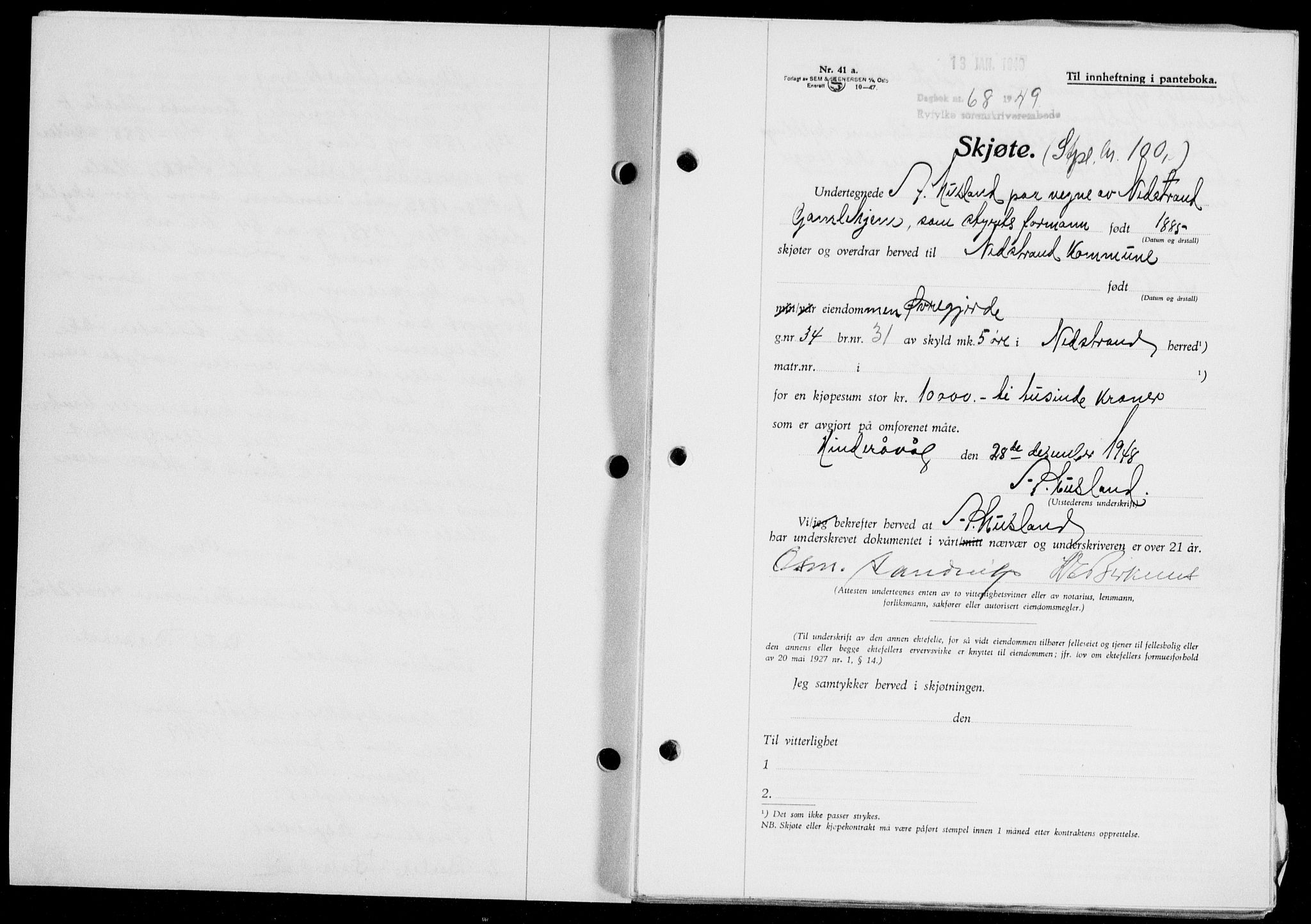 Ryfylke tingrett, AV/SAST-A-100055/001/II/IIB/L0104: Mortgage book no. 83, 1948-1949, Diary no: : 68/1949