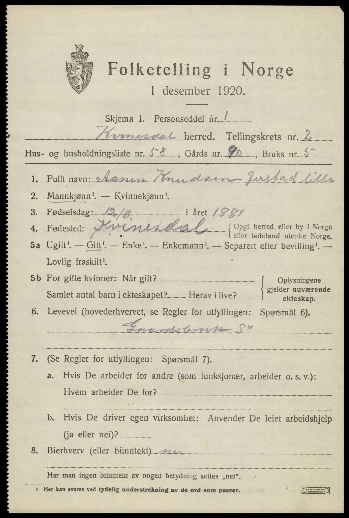 SAK, 1920 census for Kvinesdal, 1920, p. 2457