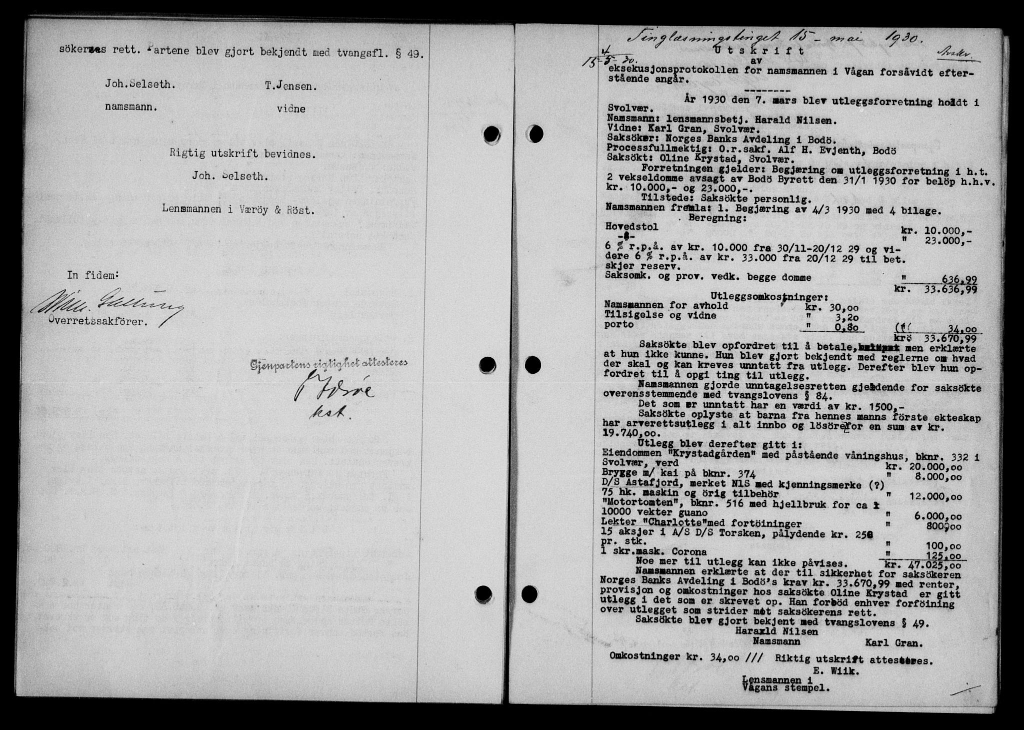 Lofoten sorenskriveri, SAT/A-0017/1/2/2C/L0021b: Mortgage book no. 21b, 1930-1930, Deed date: 15.05.1930