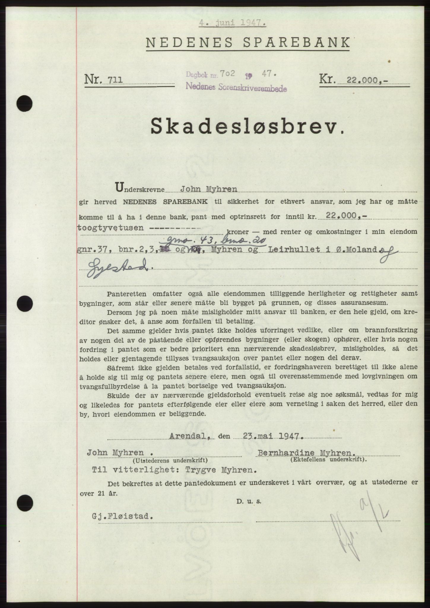 Nedenes sorenskriveri, AV/SAK-1221-0006/G/Gb/Gbb/L0004: Mortgage book no. B4, 1947-1947, Diary no: : 702/1947