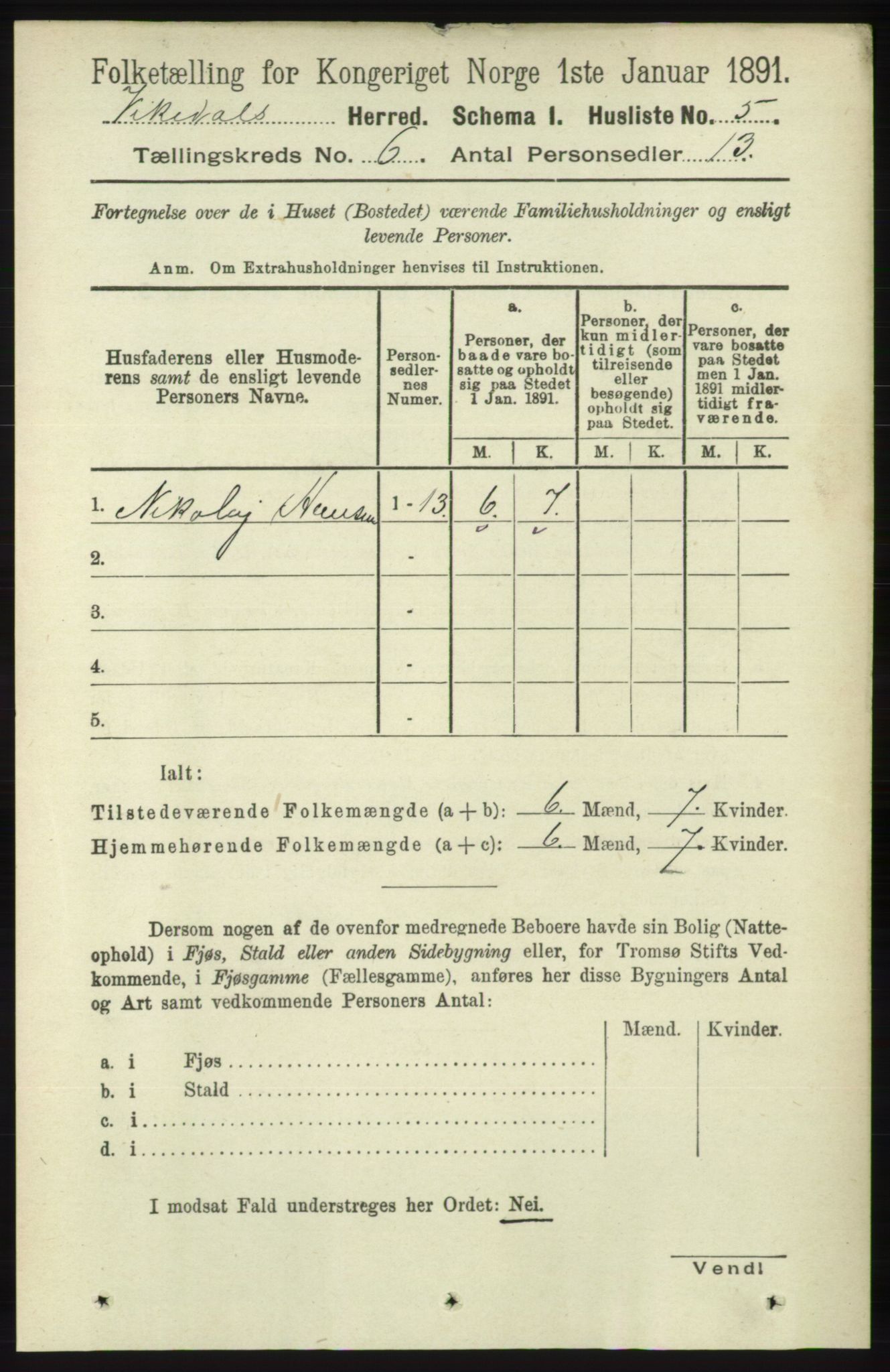 RA, 1891 census for 1157 Vikedal, 1891, p. 1495