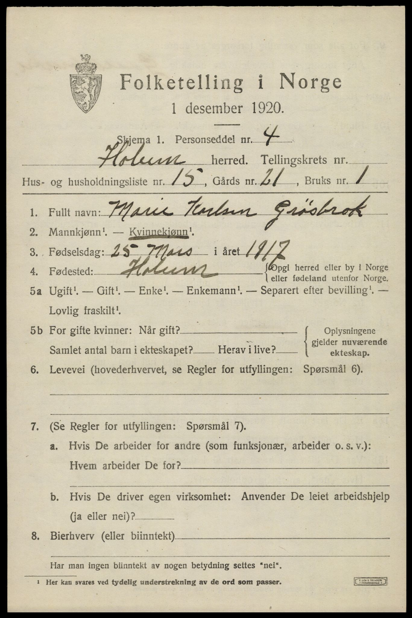 SAK, 1920 census for Holum, 1920, p. 2735