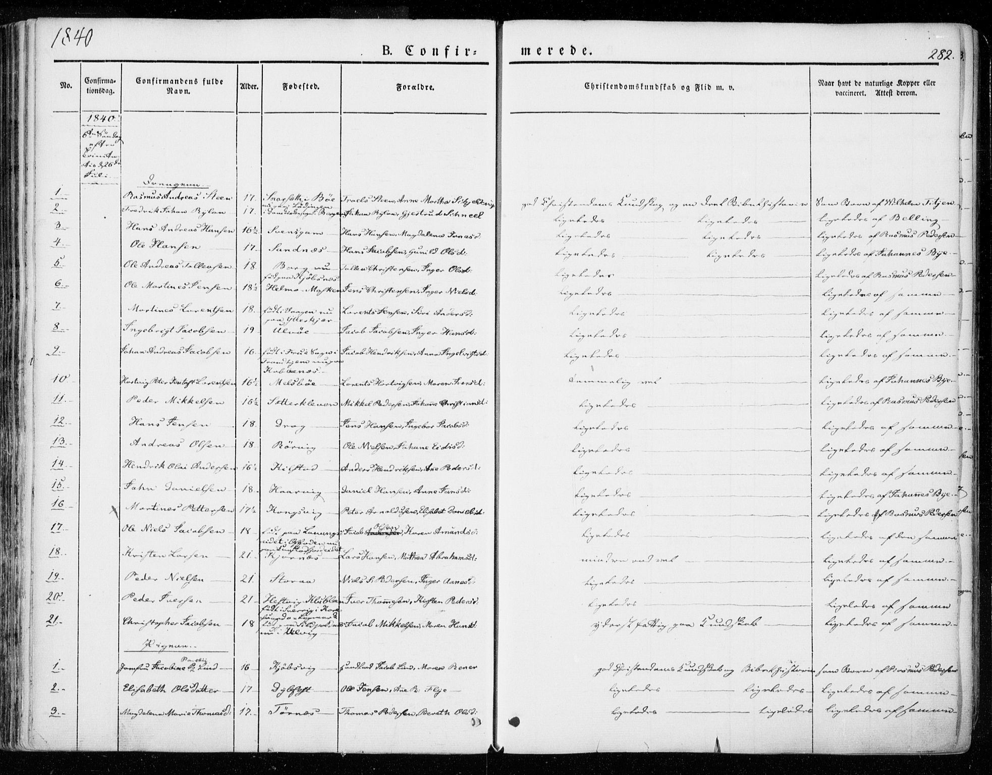 Ministerialprotokoller, klokkerbøker og fødselsregistre - Nordland, AV/SAT-A-1459/872/L1033: Parish register (official) no. 872A08, 1840-1863, p. 282