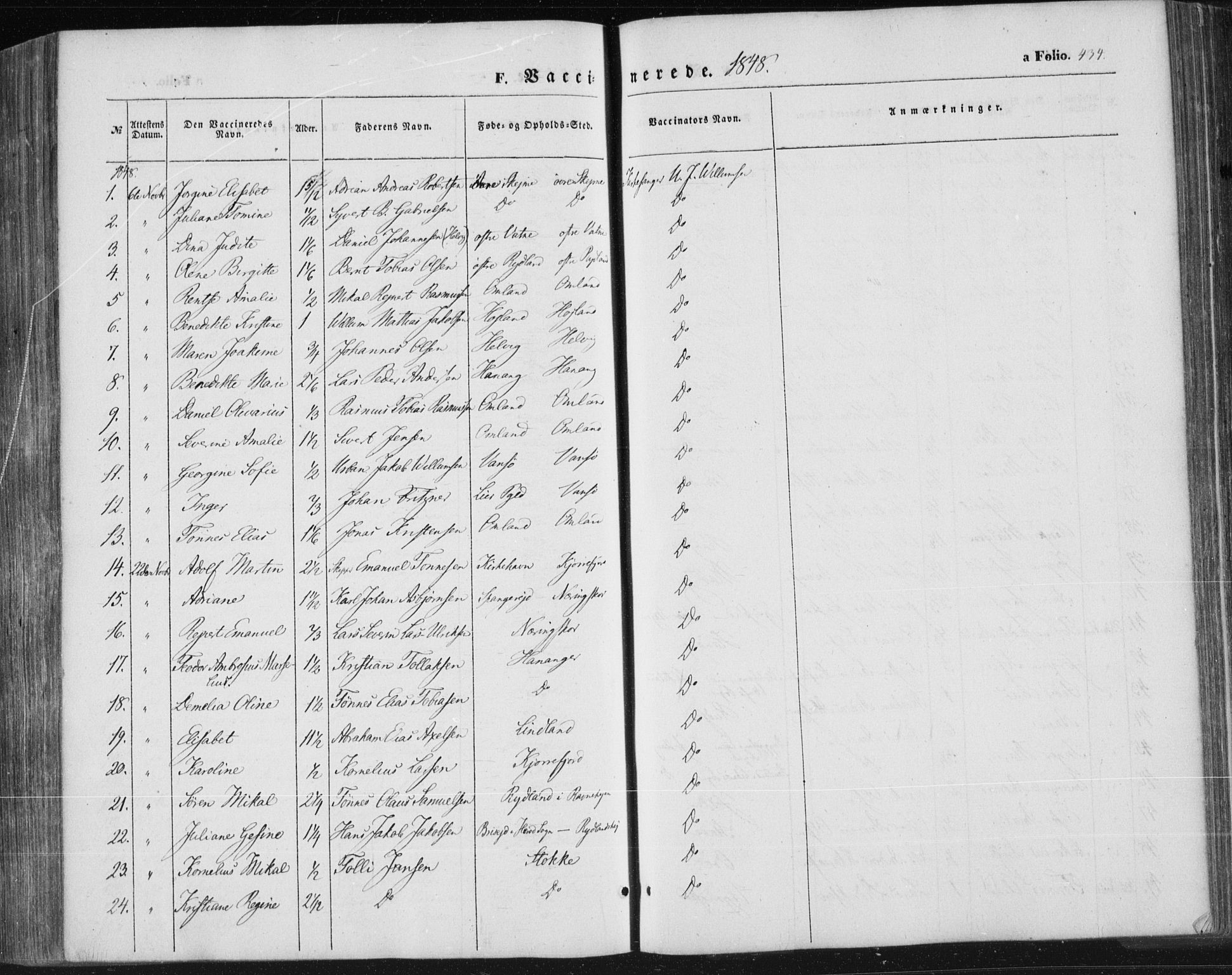 Lista sokneprestkontor, SAK/1111-0027/F/Fa/L0010: Parish register (official) no. A 10, 1846-1861, p. 434