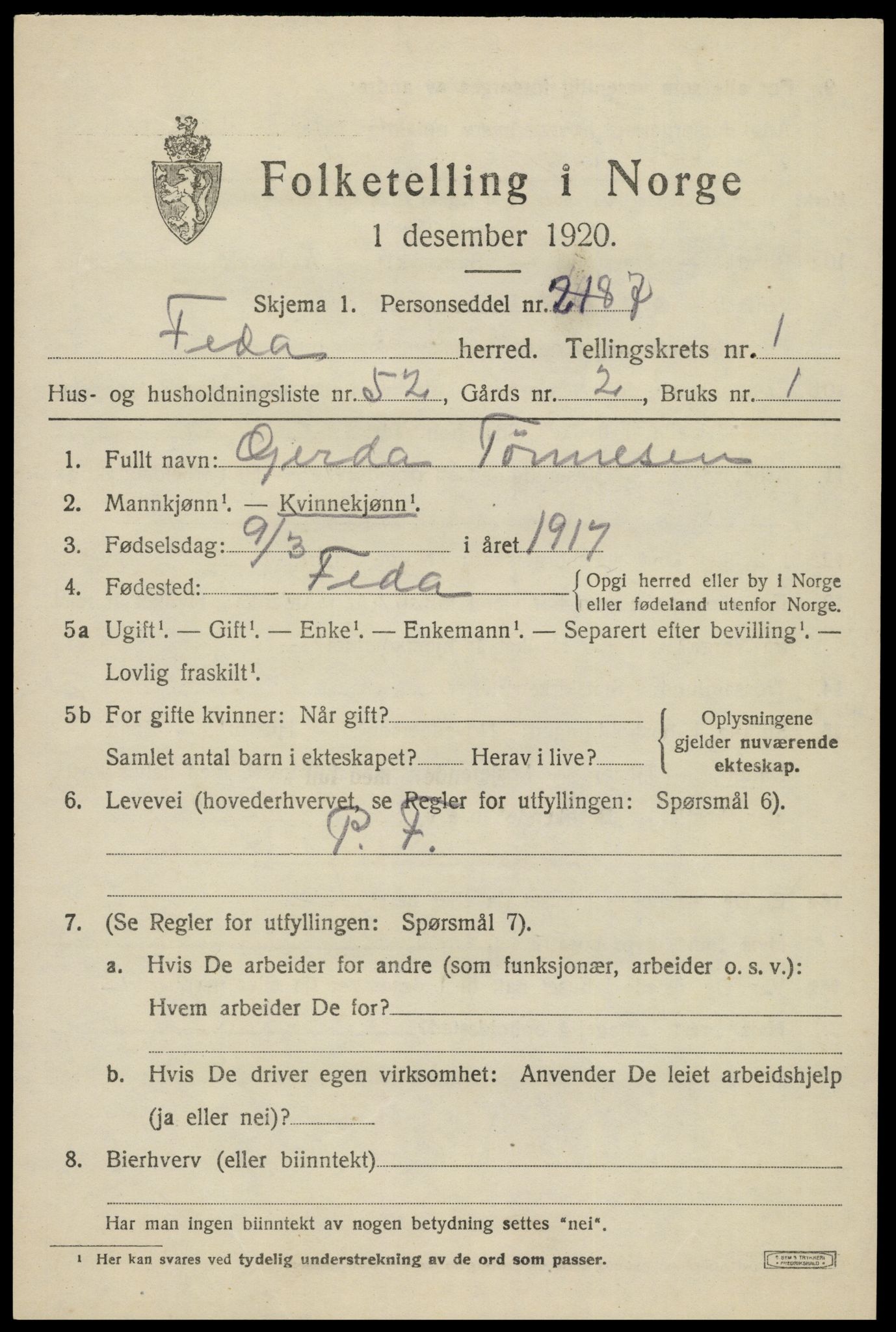 SAK, 1920 census for Feda, 1920, p. 891