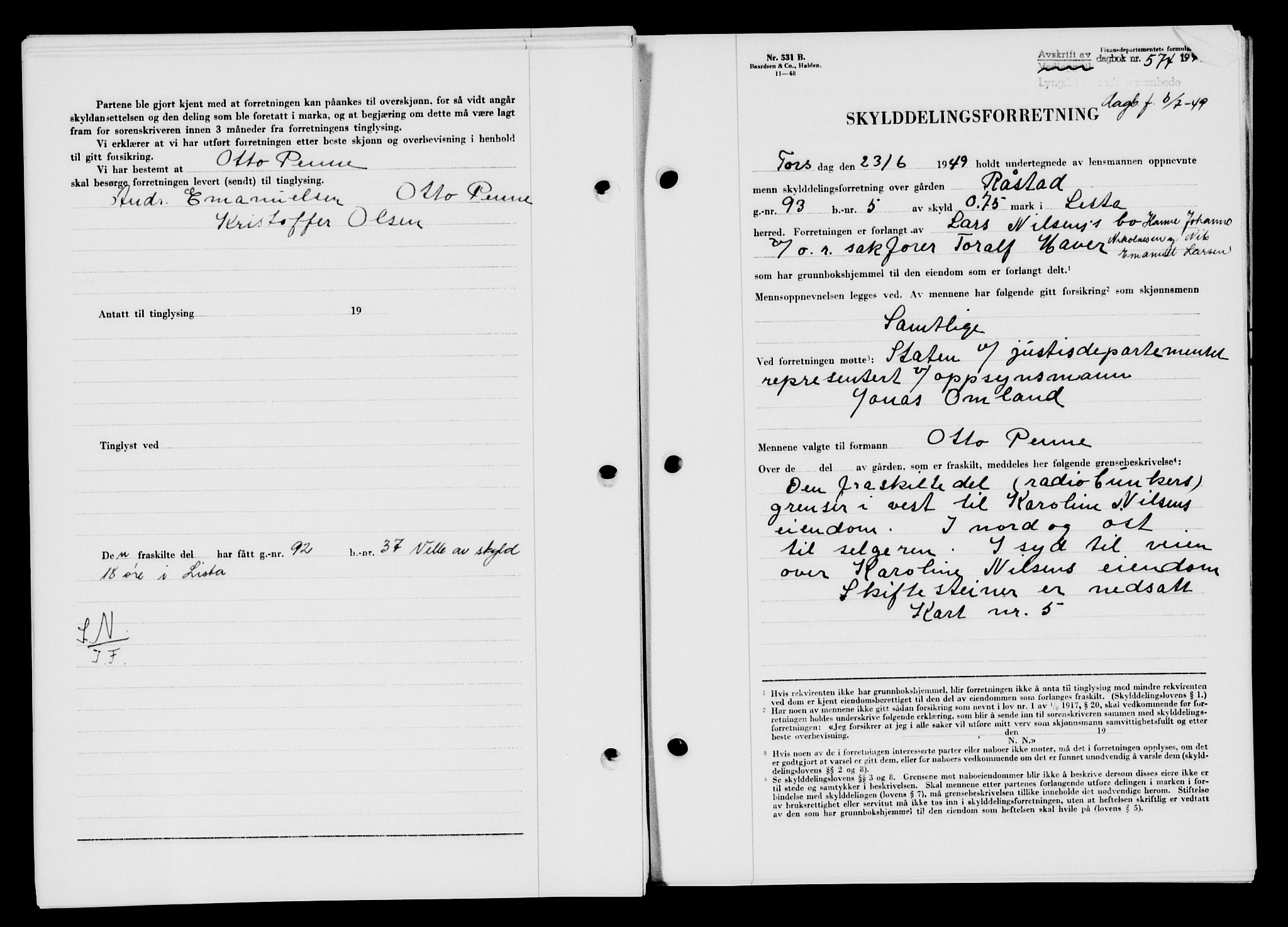 Lyngdal sorenskriveri, AV/SAK-1221-0004/G/Gb/L0663: Mortgage book no. A IX, 1948-1949, Diary no: : 574/1949