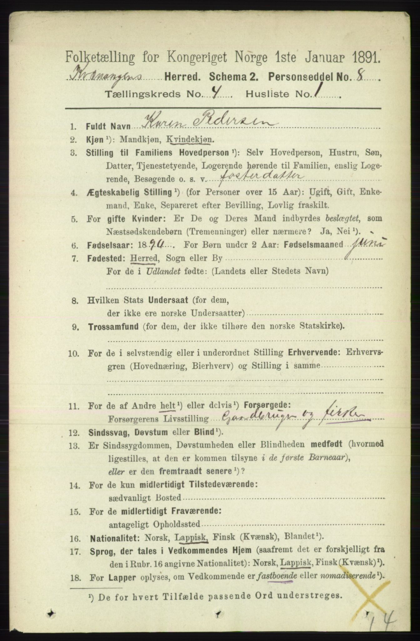 RA, 1891 census for 1943 Kvænangen, 1891, p. 1549