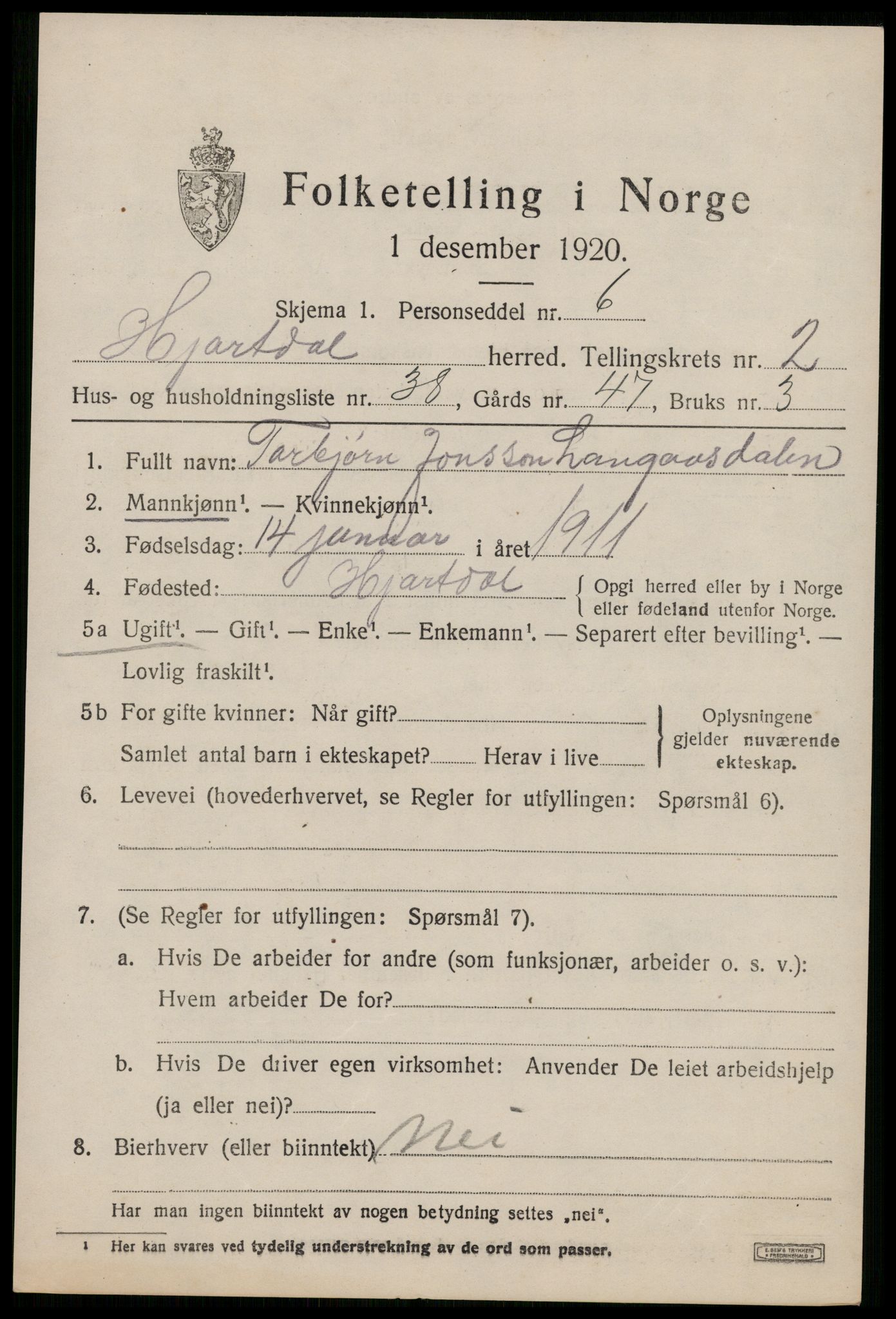 SAKO, 1920 census for Hjartdal, 1920, p. 2228