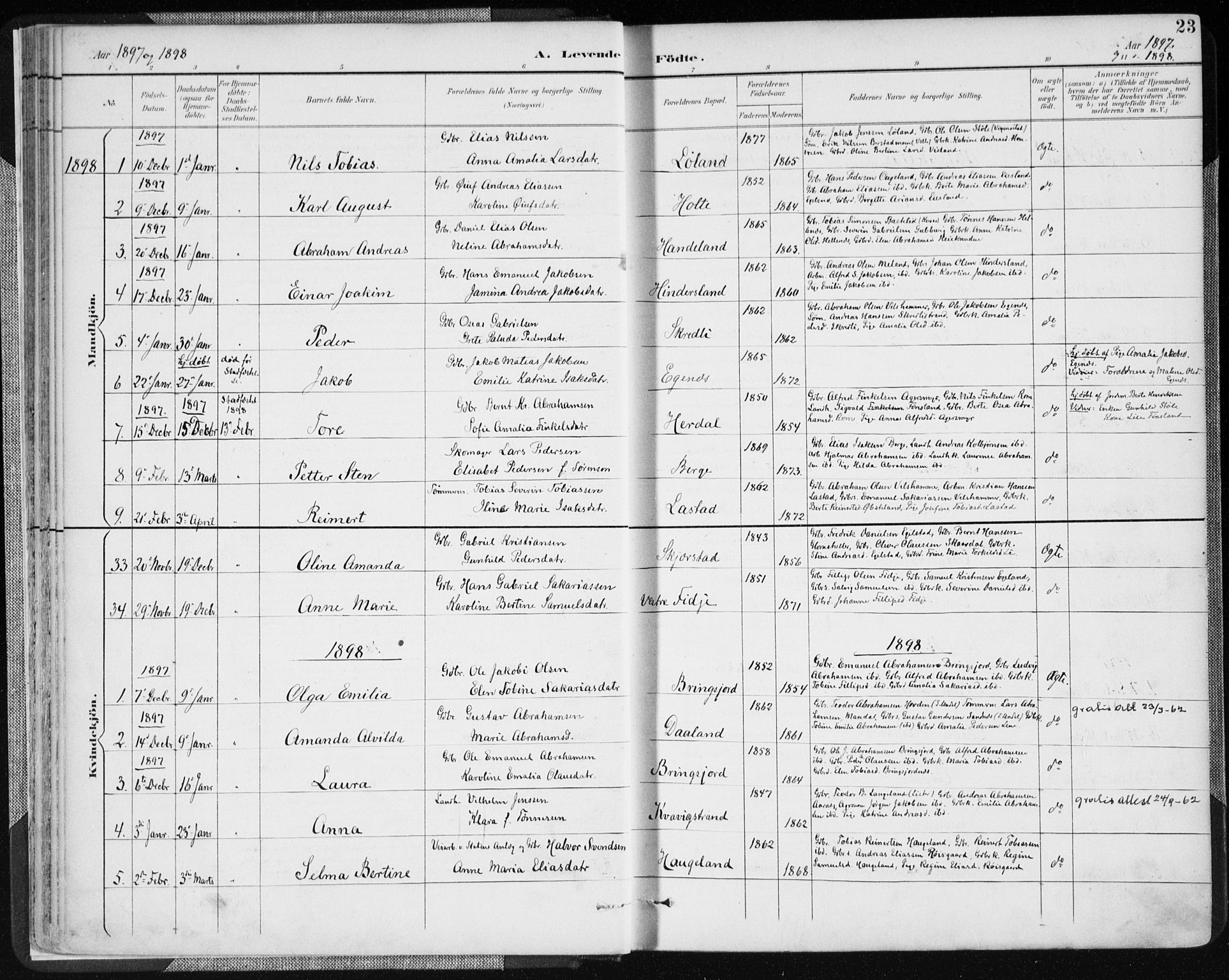 Lyngdal sokneprestkontor, AV/SAK-1111-0029/F/Fa/Fac/L0012: Parish register (official) no. A 12, 1894-1918, p. 23