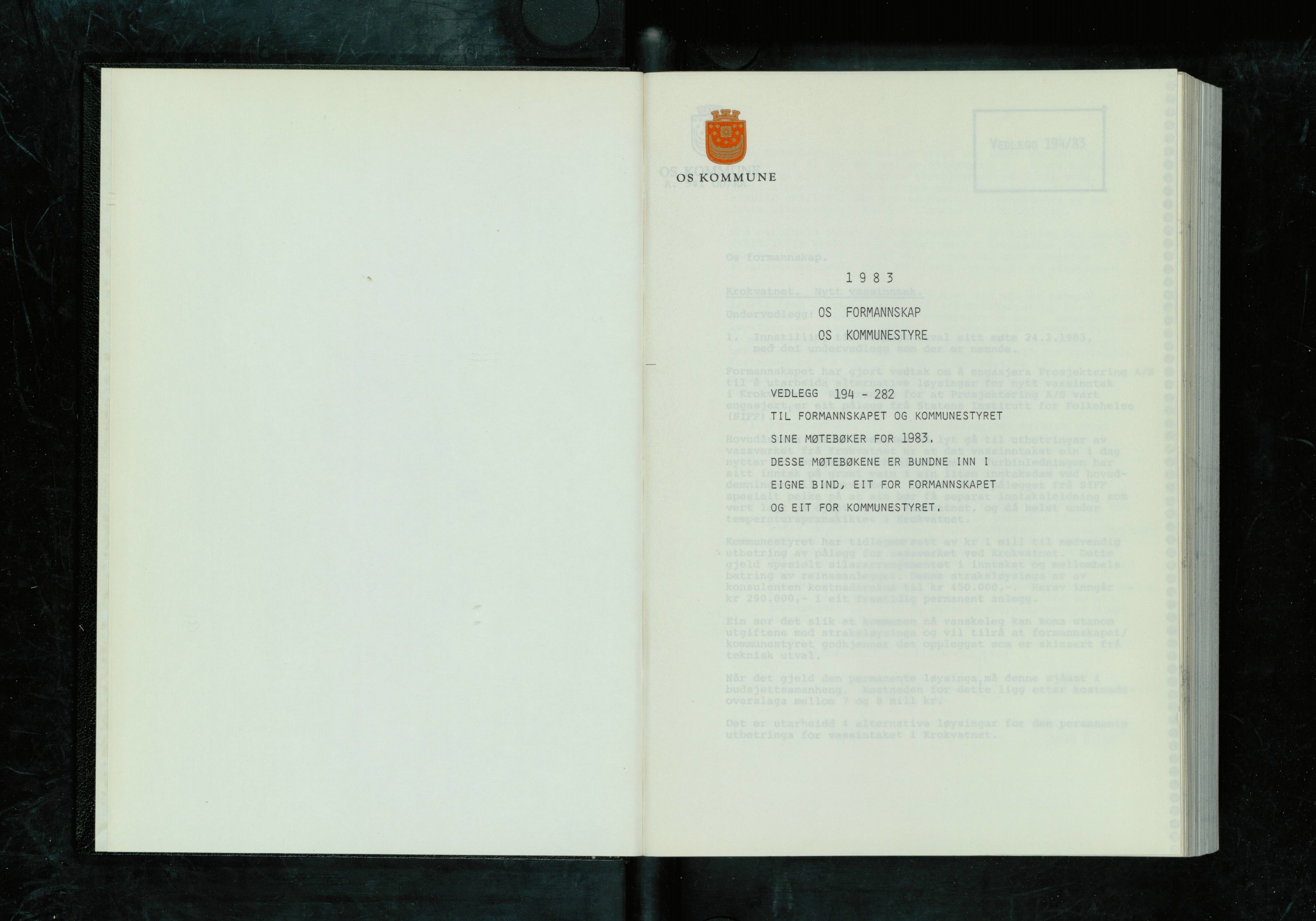 Os kommune. Formannskapet, IKAH/1243-021/A/Ad/L0053: Protokoll over saksvedlegg til møtebøker for formannskapet og kommunestyret. Vedlegg 194-282, 1983