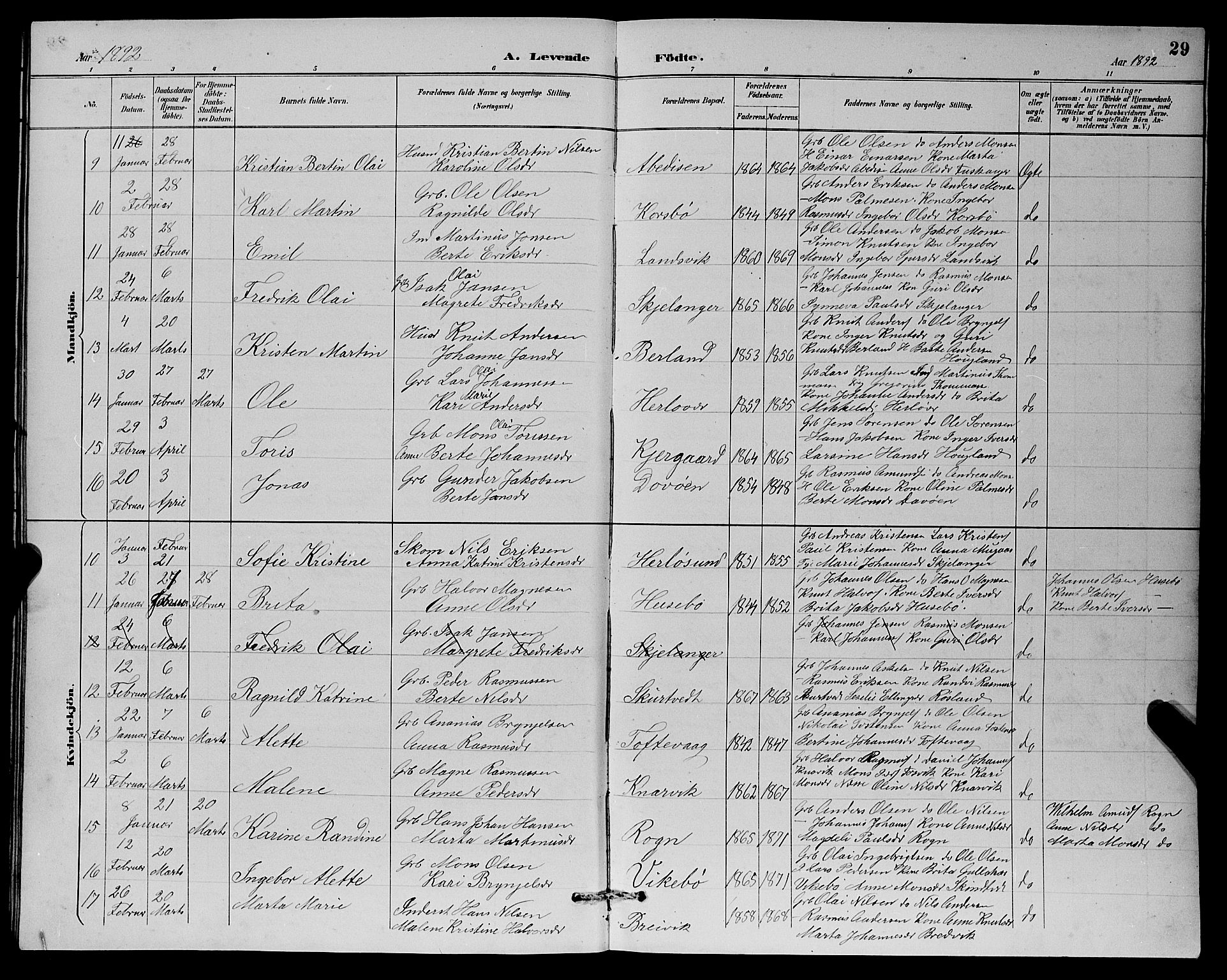 Herdla Sokneprestembete, AV/SAB-A-75701/H/Hab: Parish register (copy) no. A 3, 1889-1899, p. 29