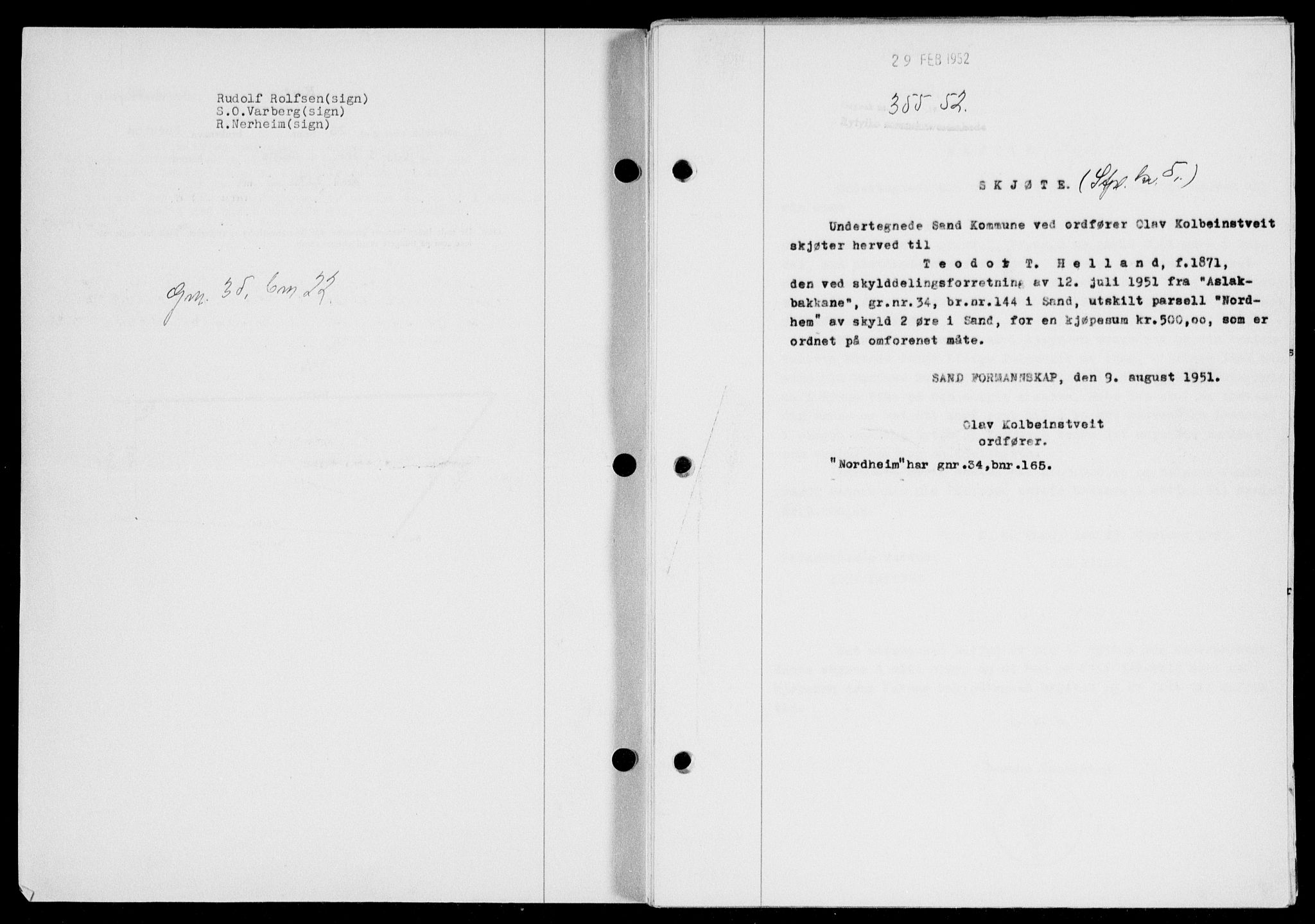 Ryfylke tingrett, SAST/A-100055/001/II/IIB/L0116: Mortgage book no. 95, 1951-1952, Diary no: : 355/1952