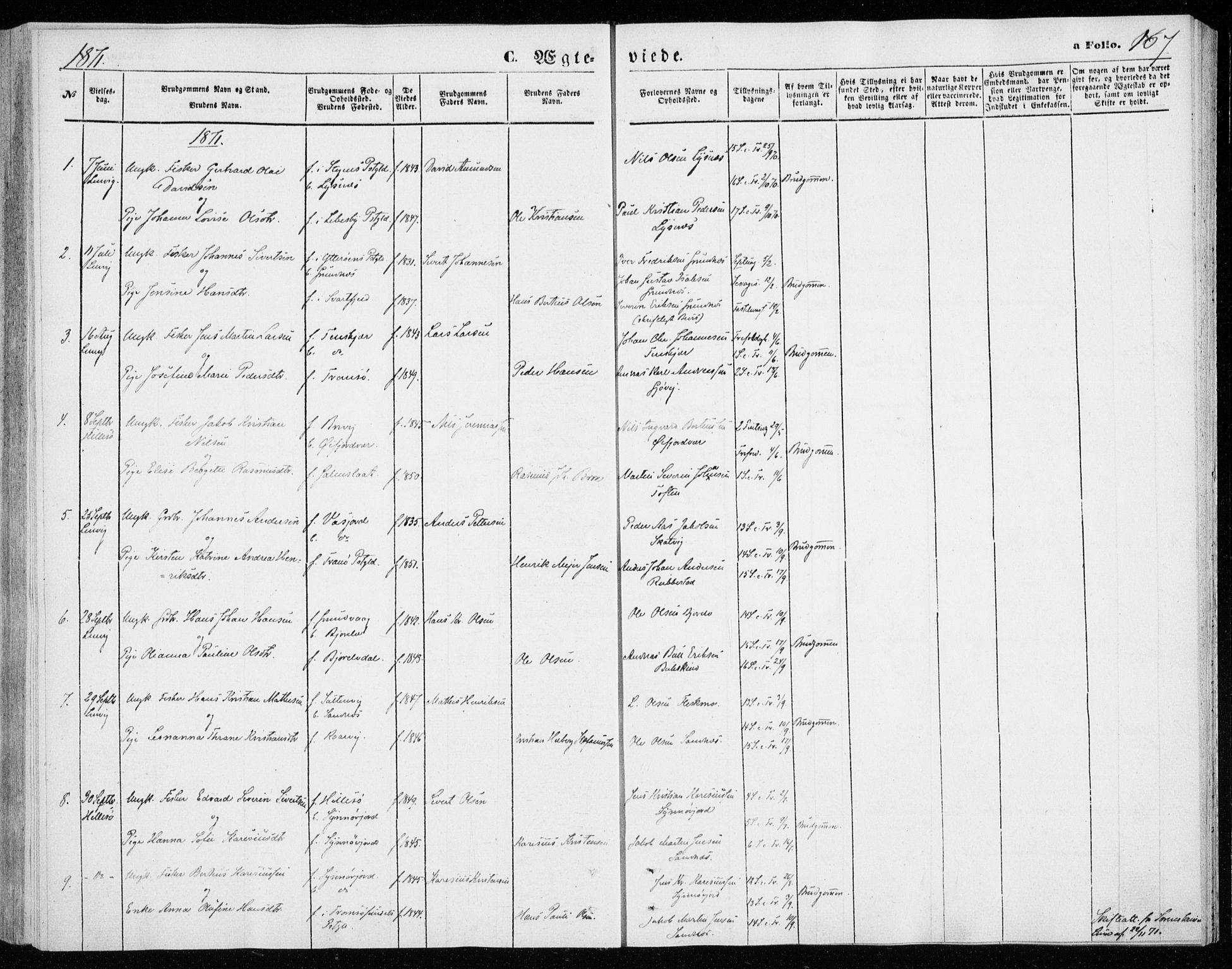 Lenvik sokneprestembete, AV/SATØ-S-1310/H/Ha/Haa/L0009kirke: Parish register (official) no. 9, 1866-1873, p. 167