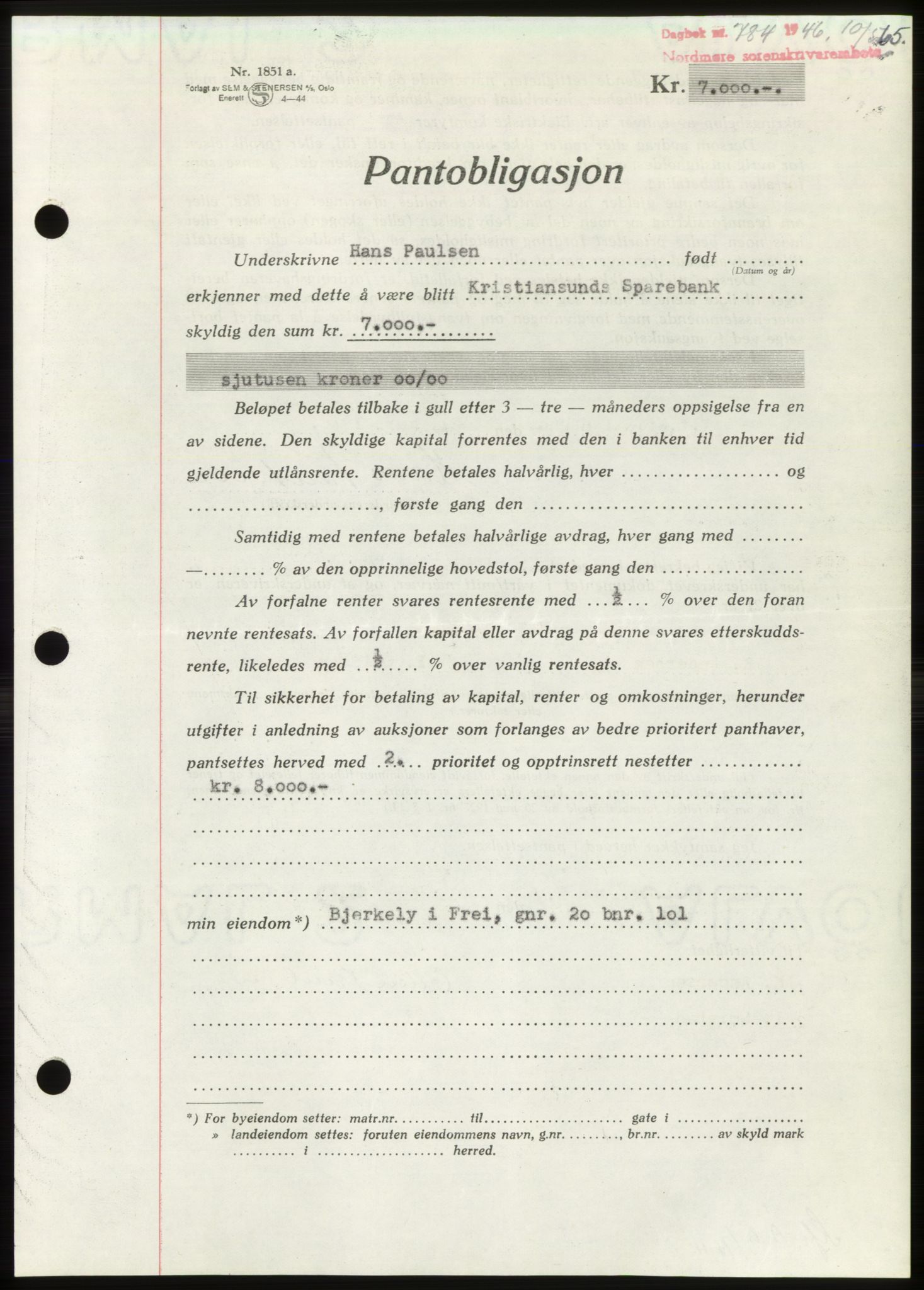 Nordmøre sorenskriveri, AV/SAT-A-4132/1/2/2Ca: Mortgage book no. B94, 1946-1946, Diary no: : 784/1946