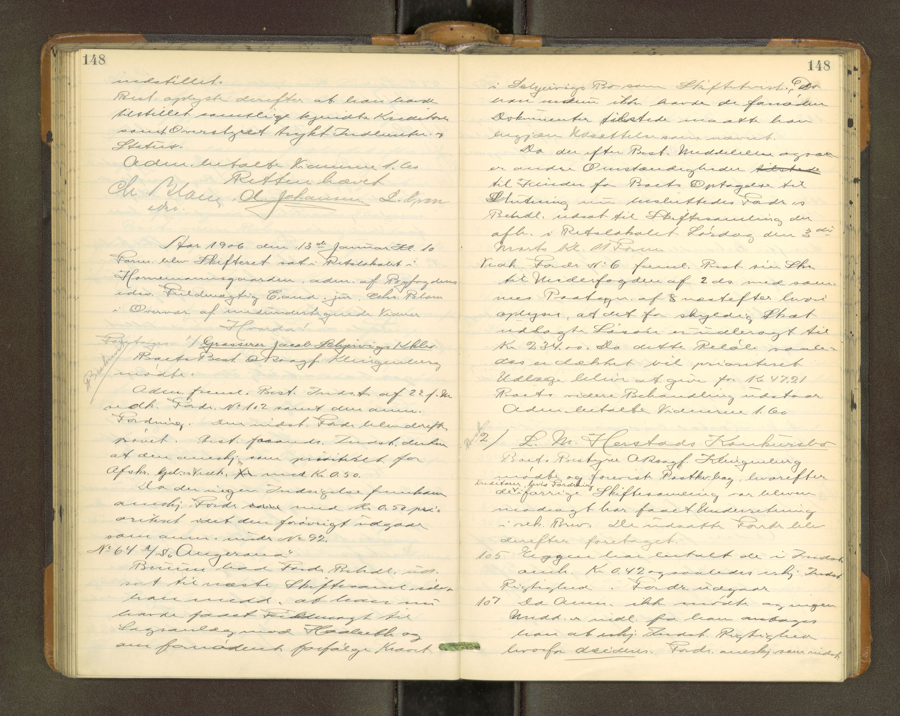 Trondheim byfogd, AV/SAT-A-0003/1/3/3B/L0015: Skiftebehandlingsprotokoll - 23/4-19/12. (u/ register) U, 1904-1908, p. 148