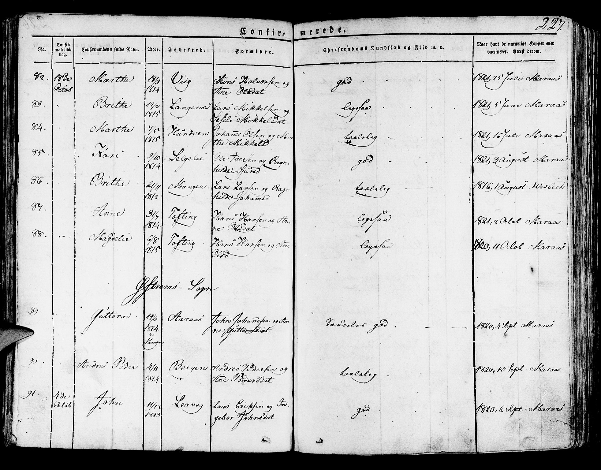 Lindås Sokneprestembete, AV/SAB-A-76701/H/Haa/Haaa/L0008: Parish register (official) no. A 8, 1823-1836, p. 227