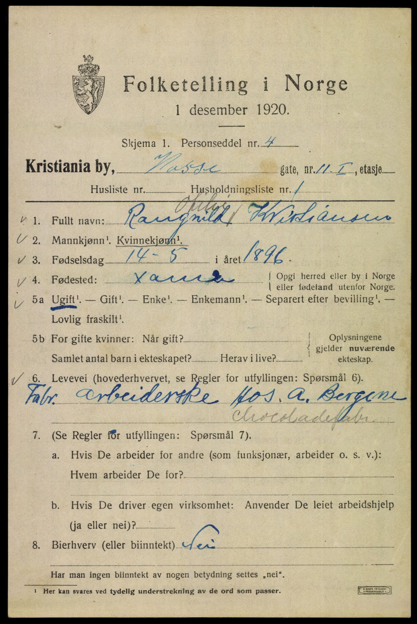 SAO, 1920 census for Kristiania, 1920, p. 644069