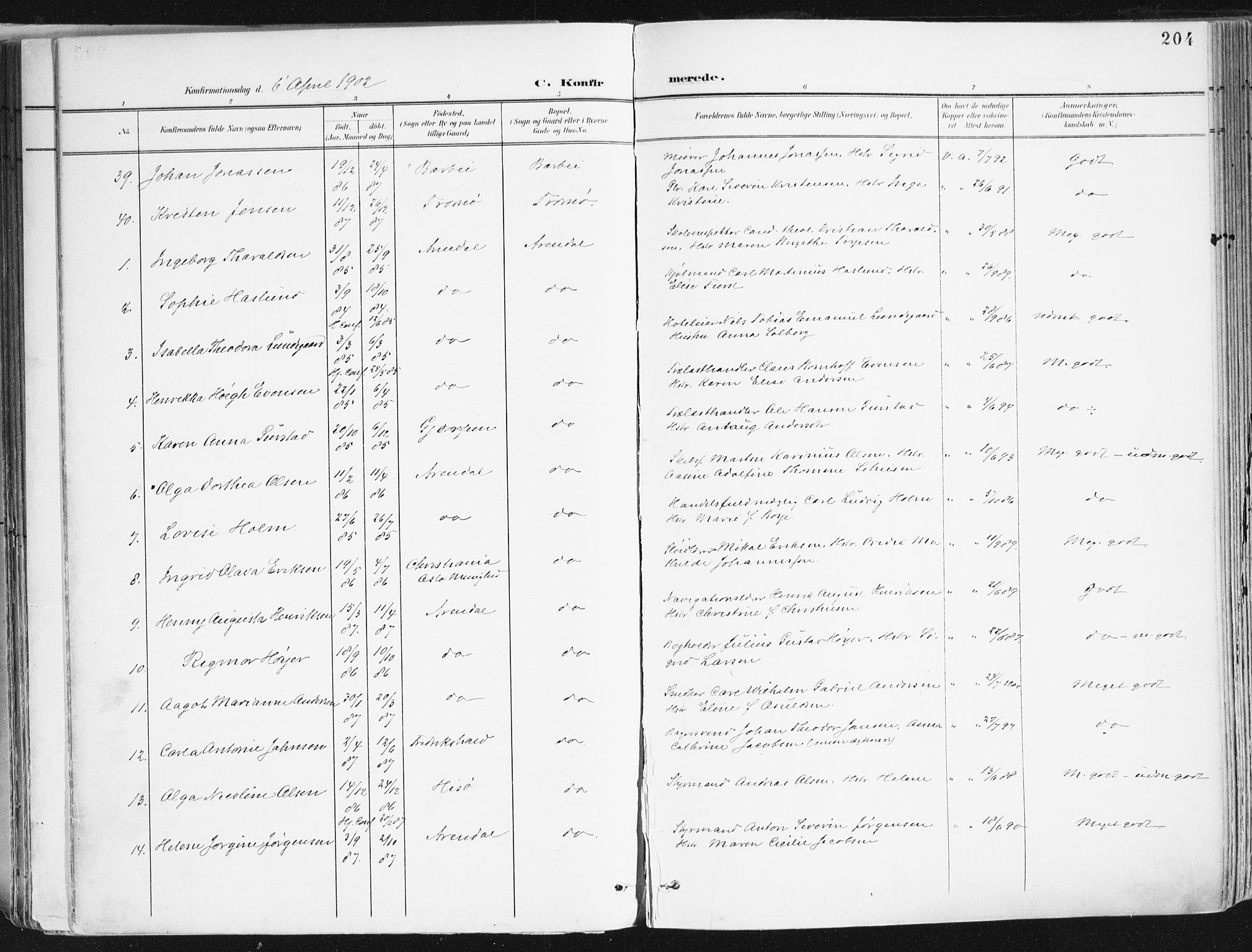 Arendal sokneprestkontor, Trefoldighet, AV/SAK-1111-0040/F/Fa/L0010: Parish register (official) no. A 10, 1900-1919, p. 204