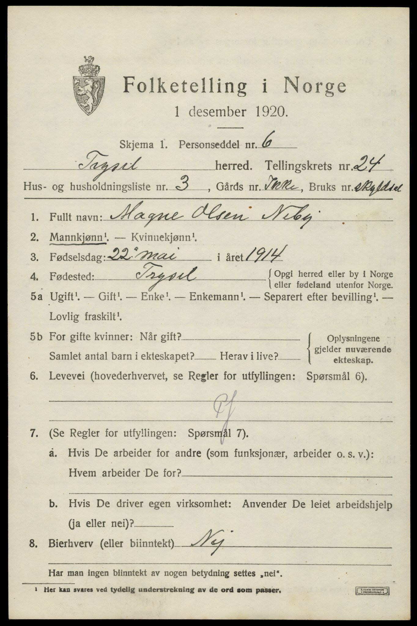 SAH, 1920 census for Trysil, 1920, p. 15243