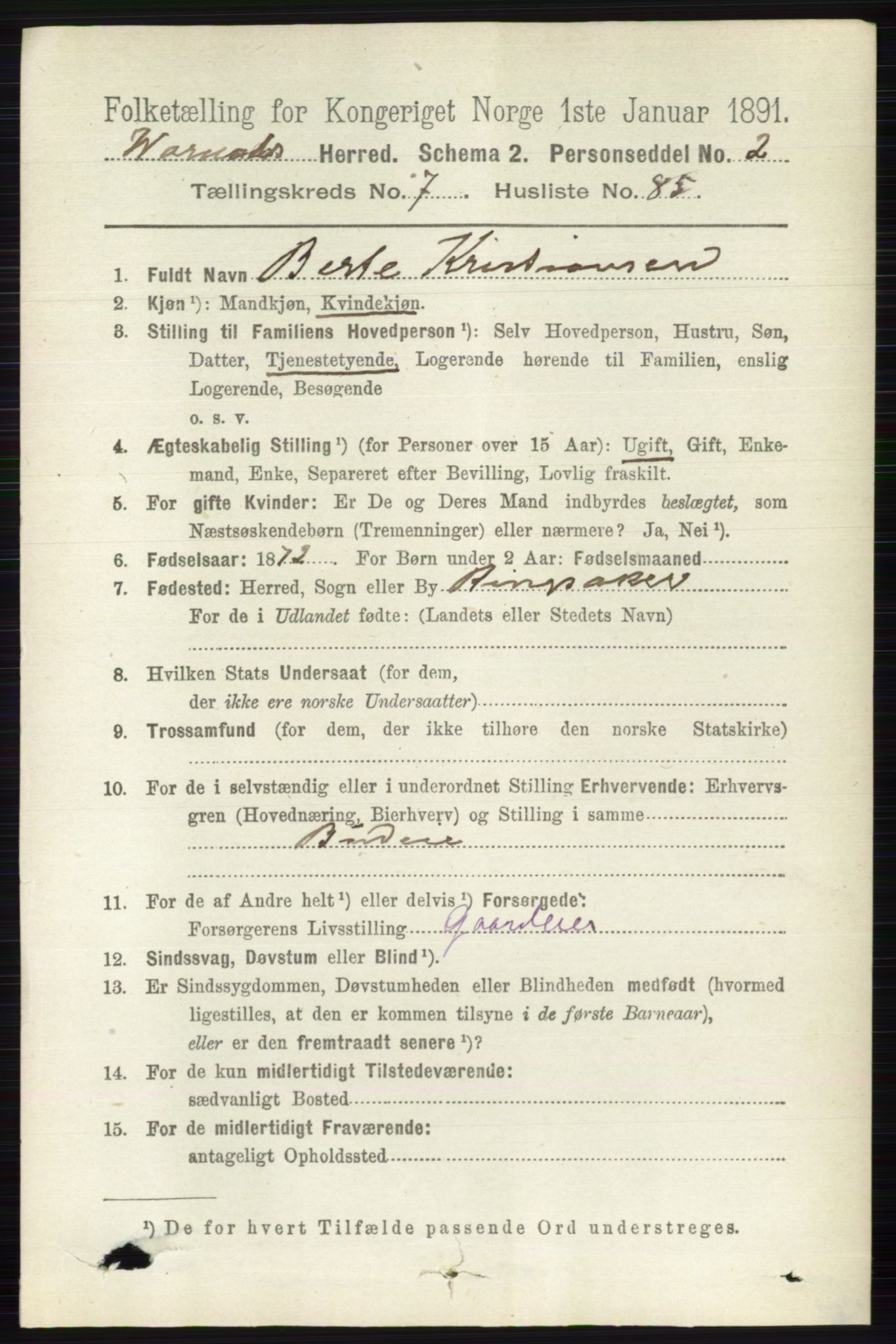 RA, 1891 census for 0527 Vardal, 1891, p. 3567