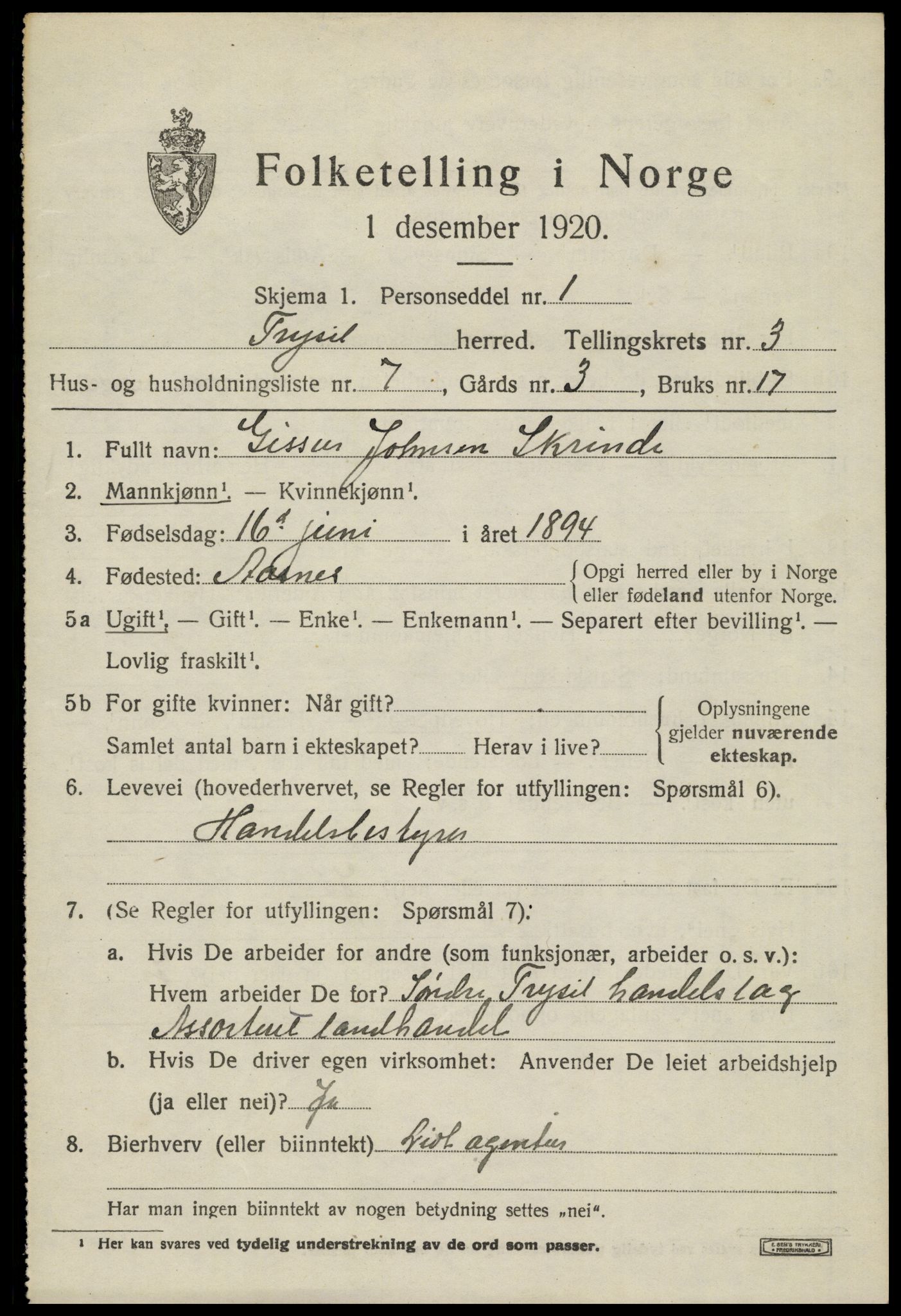 SAH, 1920 census for Trysil, 1920, p. 3555