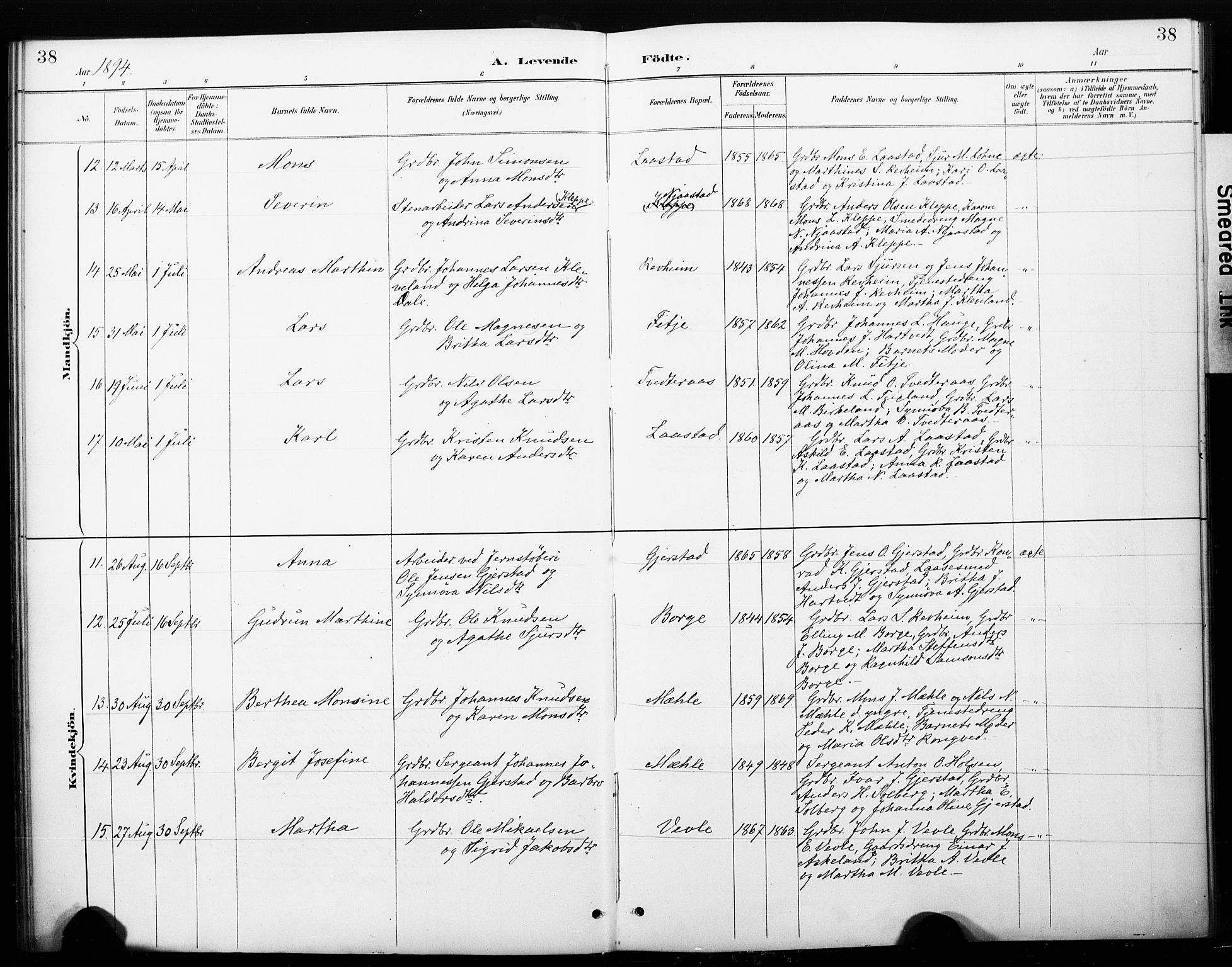 Haus sokneprestembete, SAB/A-75601/H/Haa: Parish register (official) no. C 1, 1887-1899, p. 38