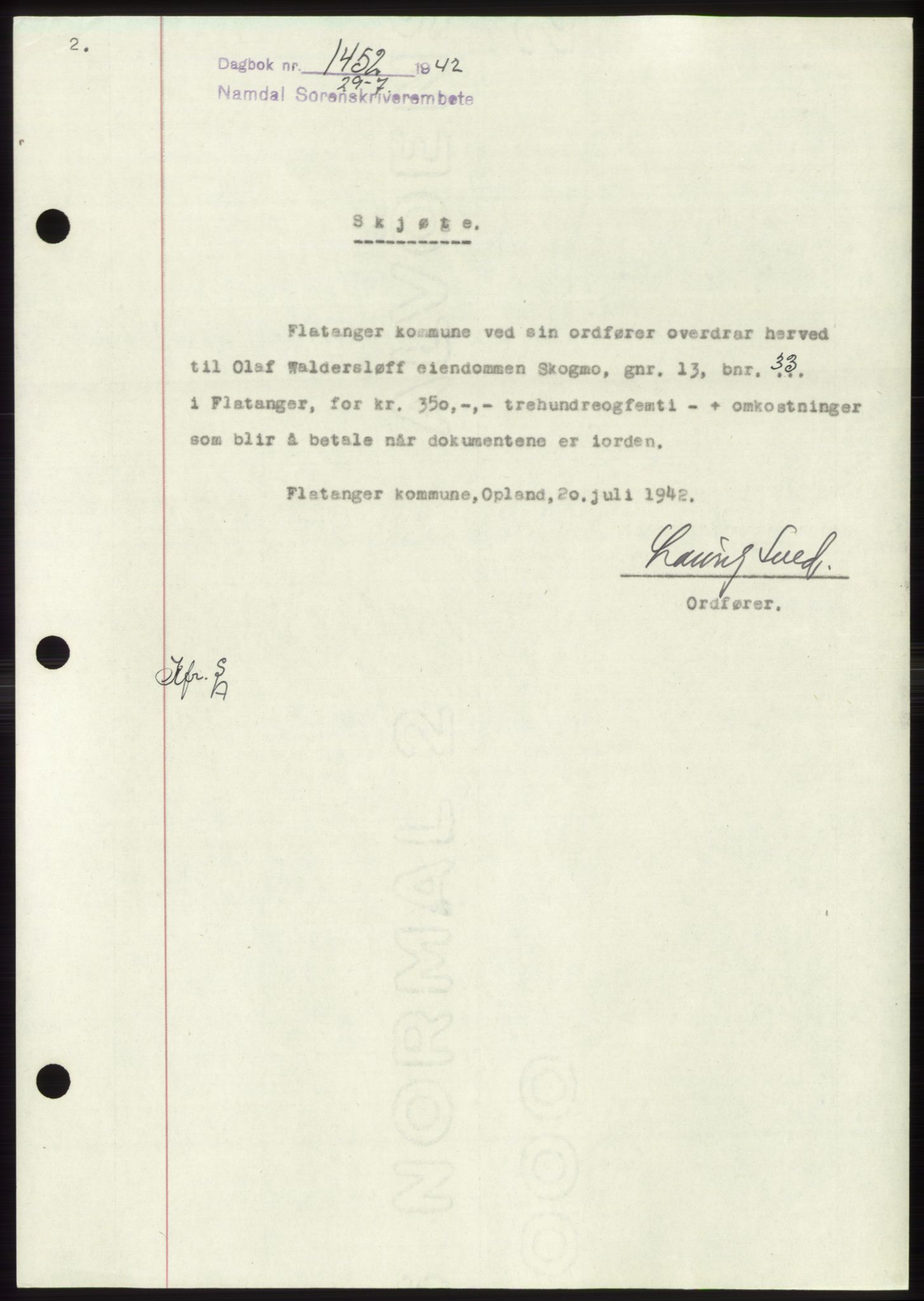 Namdal sorenskriveri, SAT/A-4133/1/2/2C: Mortgage book no. -, 1942-1943, Diary no: : 1452/1942