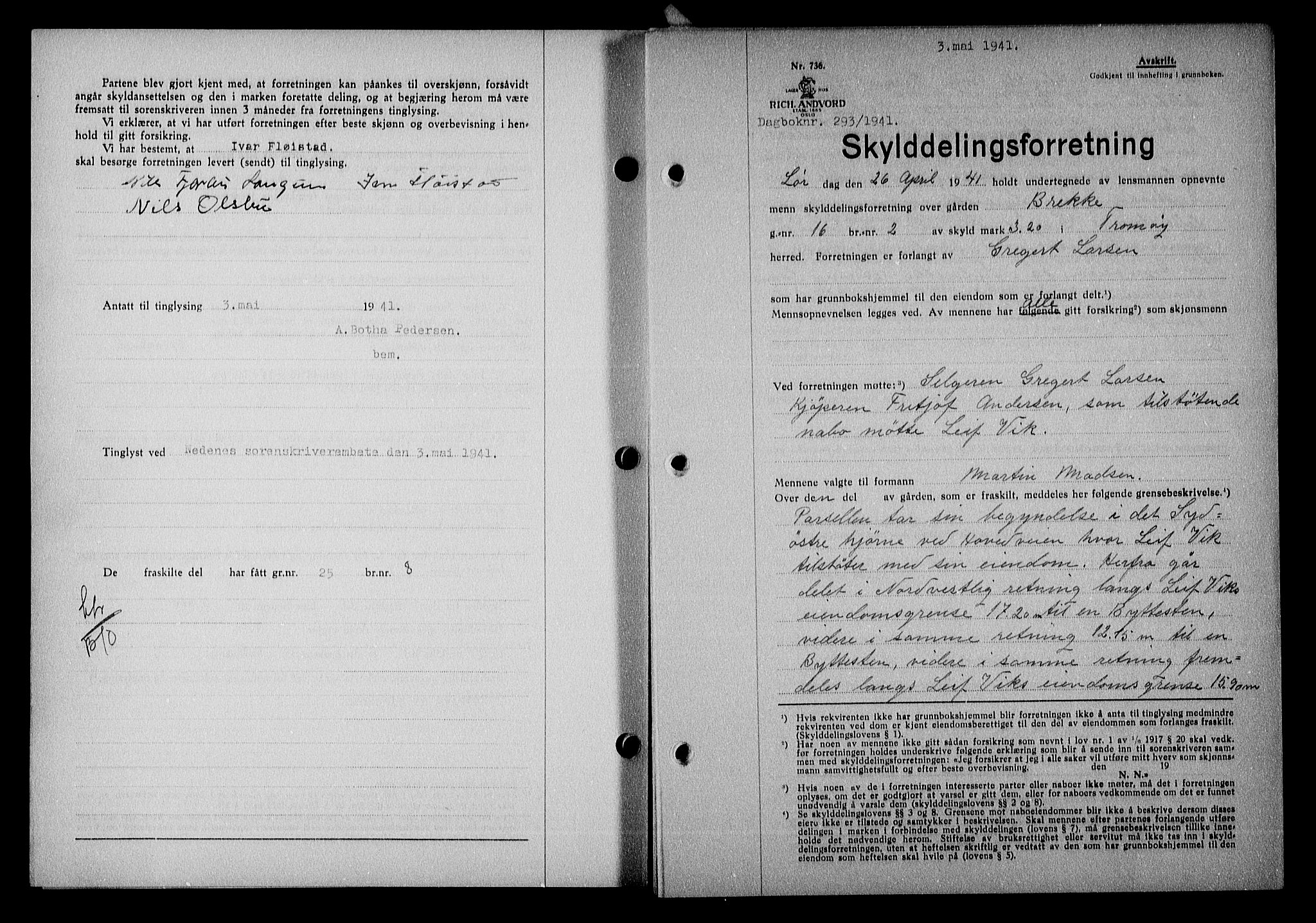 Nedenes sorenskriveri, SAK/1221-0006/G/Gb/Gba/L0048: Mortgage book no. A-II, 1940-1941, Diary no: : 293/1941