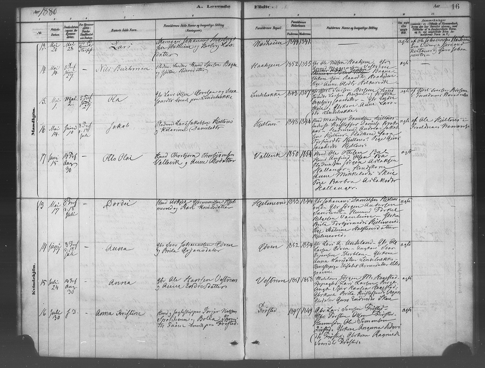 Ulvik sokneprestembete, AV/SAB-A-78801/H/Haa: Parish register (official) no. B 1, 1878-1897, p. 16