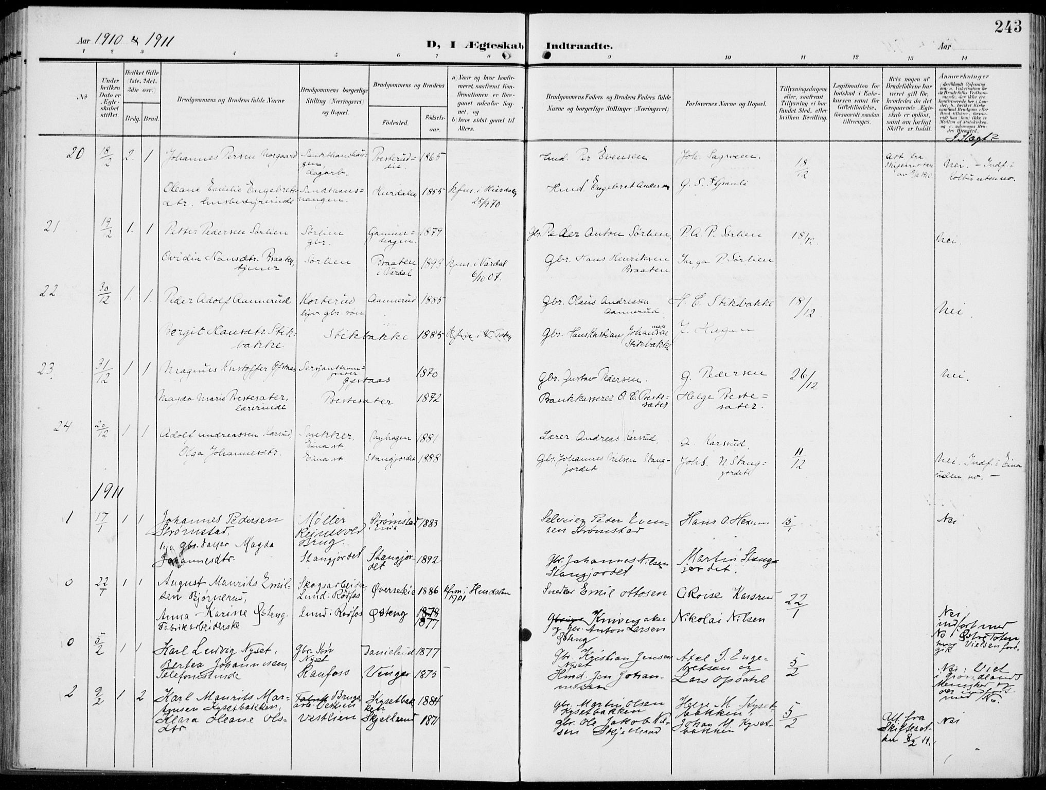 Vestre Toten prestekontor, SAH/PREST-108/H/Ha/Haa/L0014: Parish register (official) no. 14, 1907-1920, p. 243