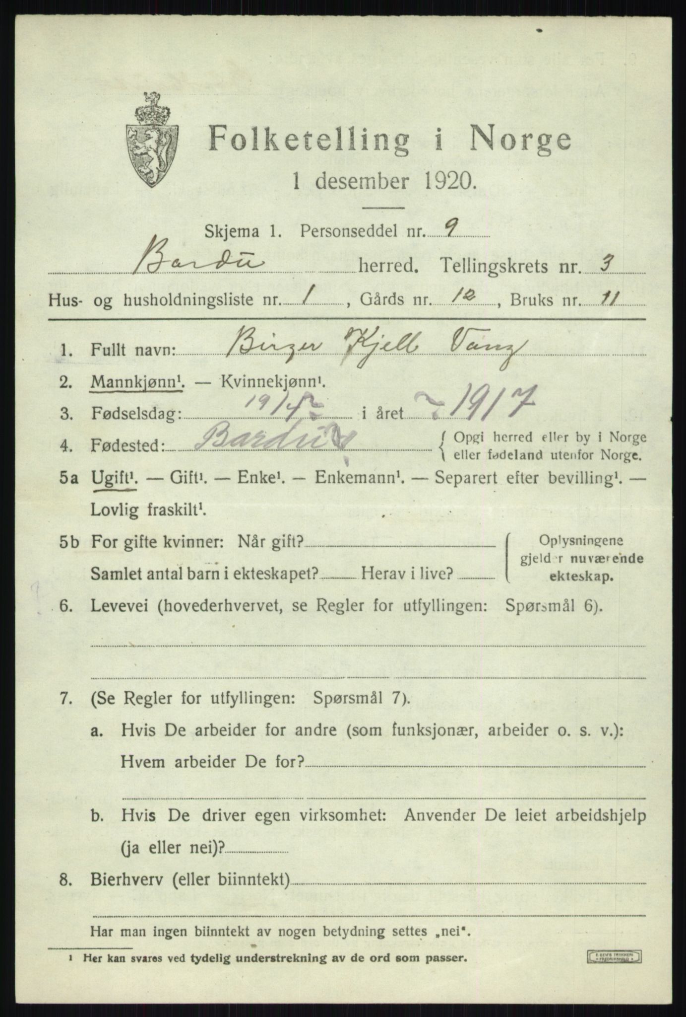 SATØ, 1920 census for Bardu, 1920, p. 1173