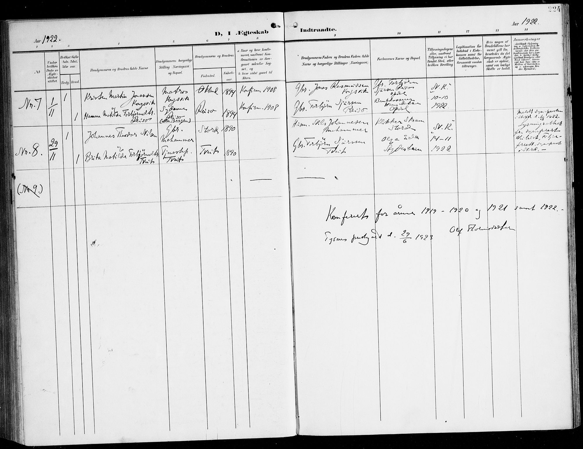 Tysnes sokneprestembete, SAB/A-78601/H/Haa: Parish register (official) no. D 2, 1905-1922, p. 224